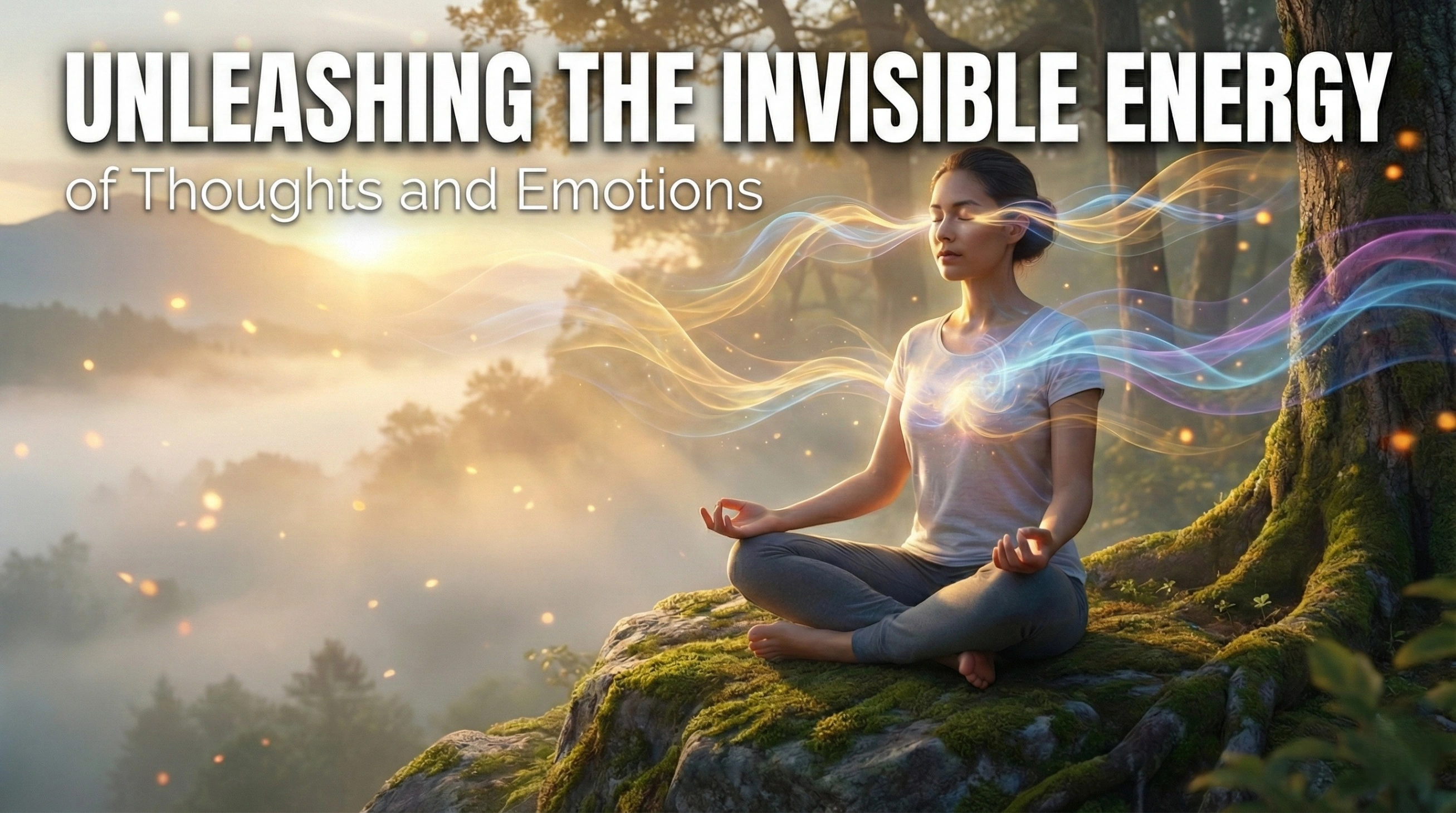 hyper-realistic digital illustration of a woman meditating on a mossy rock in a serene forest at sunrise. Glowing waves of blue, purple, and gold energy radiate from her head and heart, swirling into the misty background.