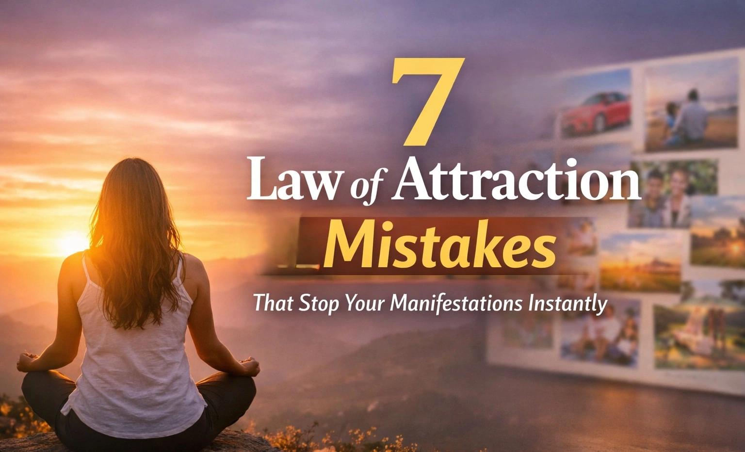 Minimalist 16:9 thumbnail showing a woman meditating at sunset on a mountain with warm golden light, bold text overlay reading “7 Law of Attraction Mistakes That Stop Your Manifestations Instantly,” with a glowing number 7 and magnet icon symbolizing attraction, and a blurred vision board in the background representing goals and manifestation.