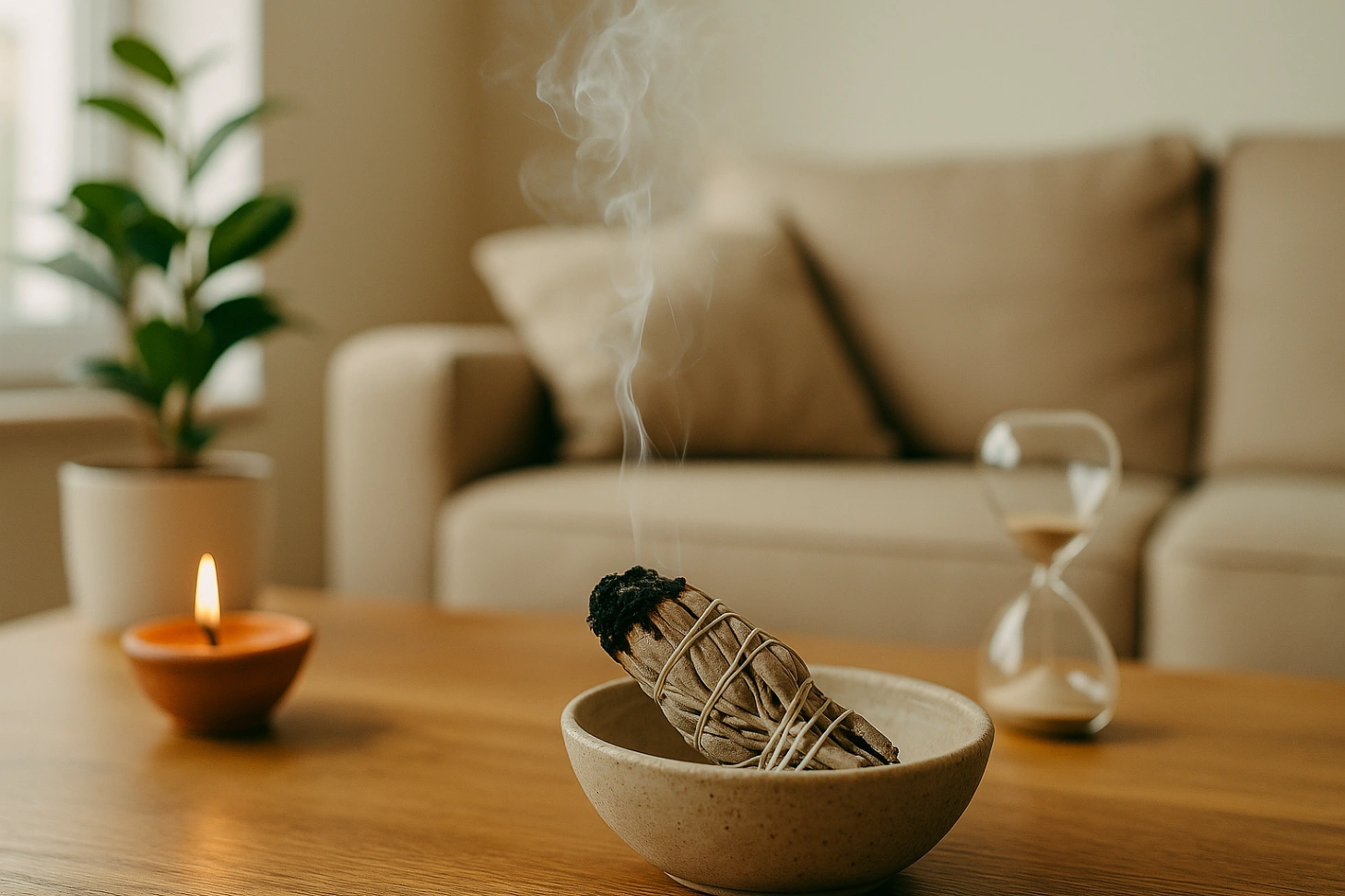 A realistic 16:9 photograph of a smudging ritual featuring a burning sage bundle placed in a ceramic bowl on a wooden table, with smoke rising softly. A small lit diya, a green indoor plant, and a blurred beige sofa create a peaceful, spiritually cleansing atmosphere.