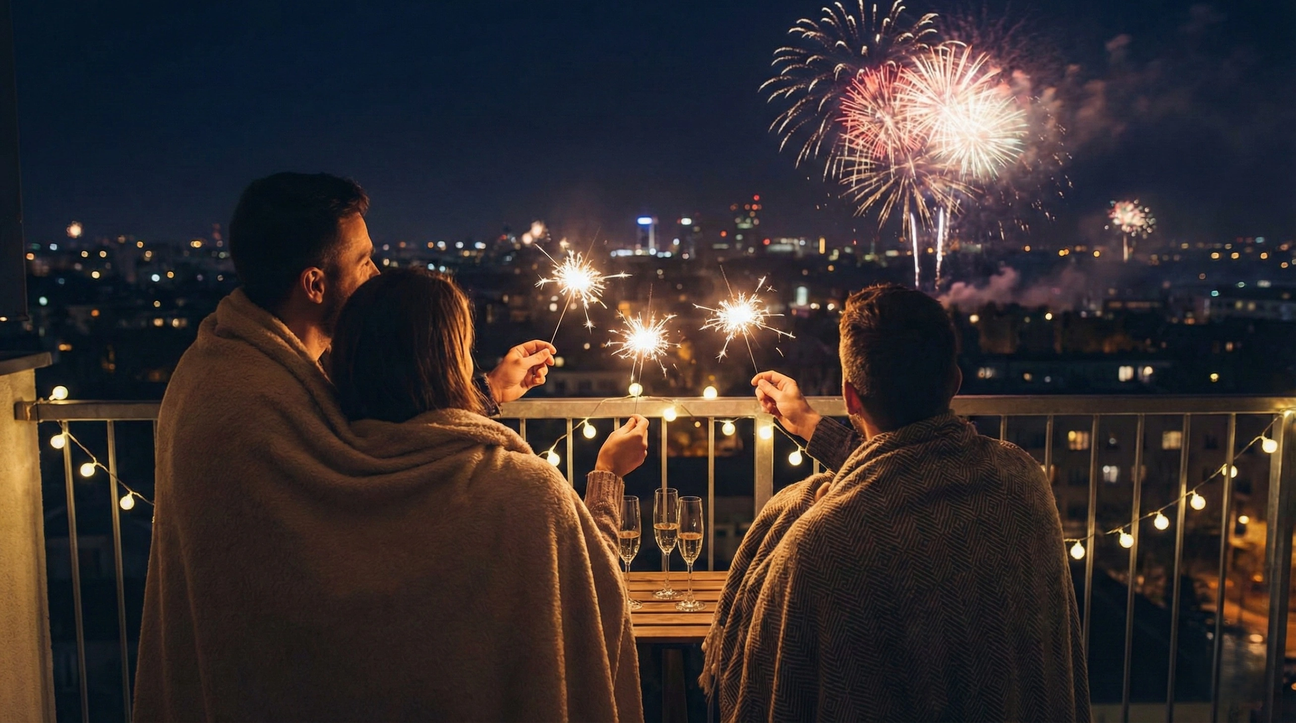 A couple and a friend on a balcony, wrapped in blankets and holding sparklers, watch fireworks explode over a city skyline at night.