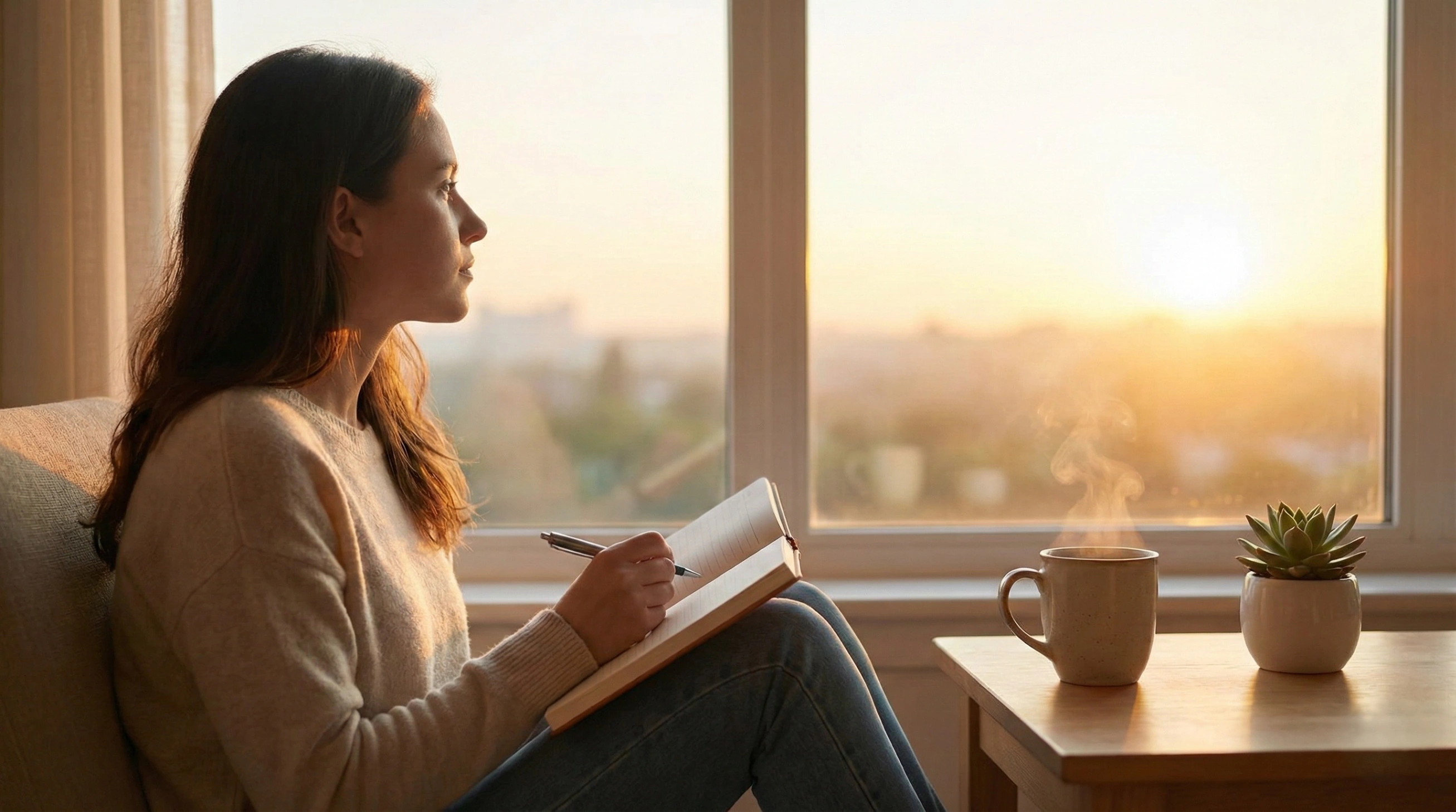 Woman sitting by a window at sunrise, writing in a journal with a cup of tea on a table next to her.