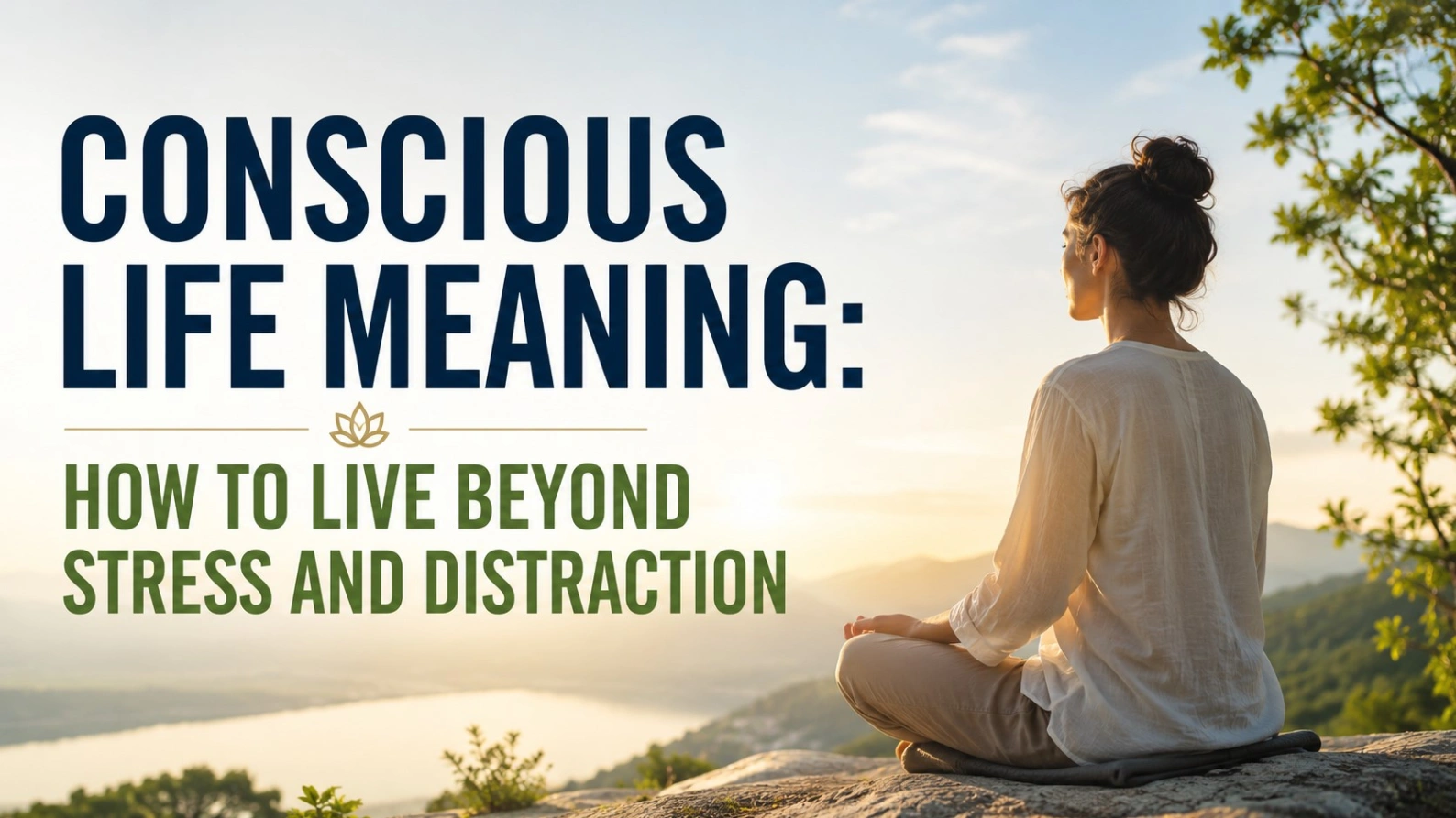 A peaceful woman meditating on a hilltop beside a calm river at sunrise, with bold title text “Conscious Life Meaning: How to Live Beyond Stress and Distraction,” symbolizing conscious living, inner peace, mindfulness, and spiritual awareness.