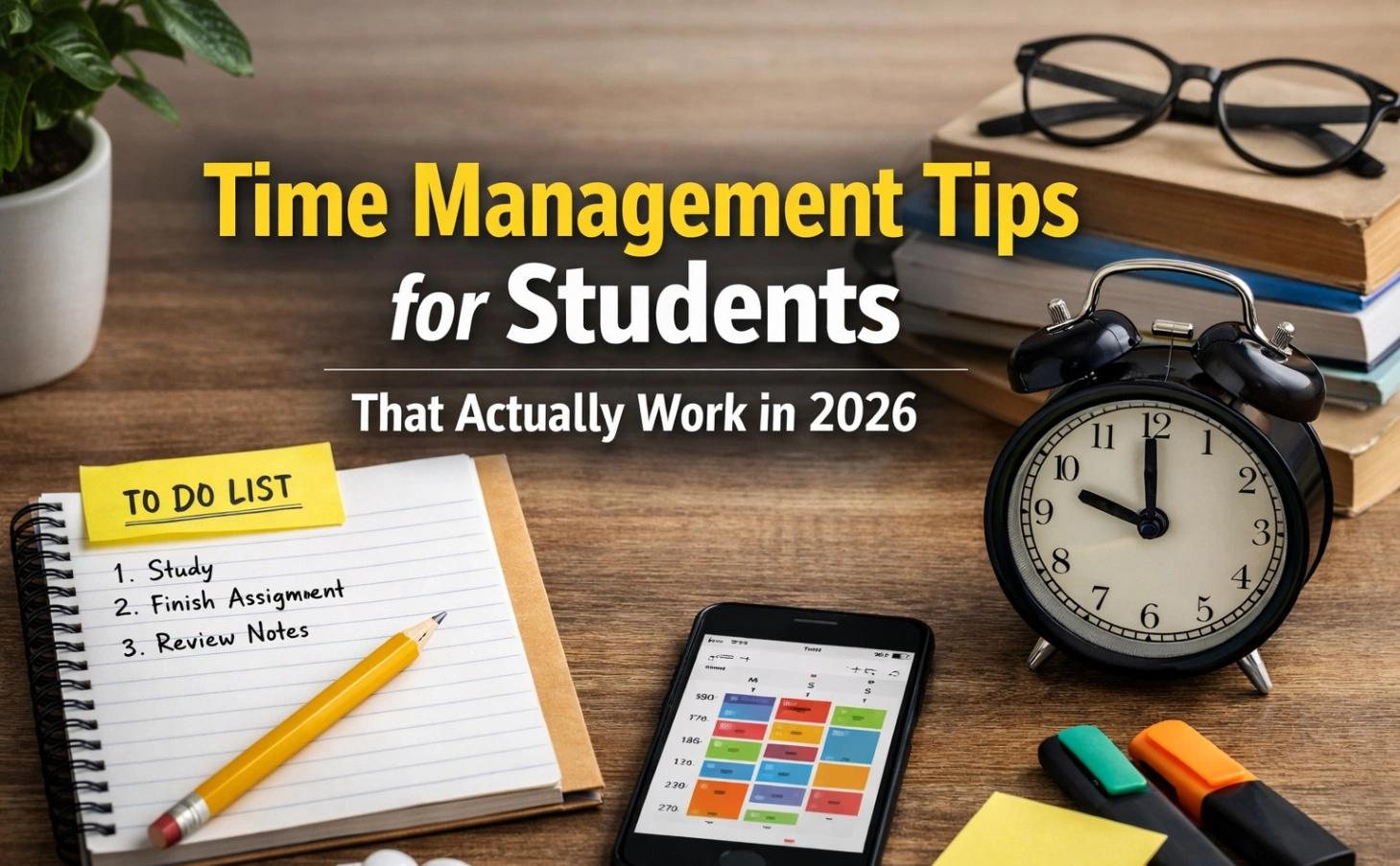 Realistic 16:9 banner showing a study desk with a notebook, to-do list, alarm clock, smartphone, and books, featuring bold text “Time Management Tips for Students That Actually Work in 2026” in a clean, minimal design.