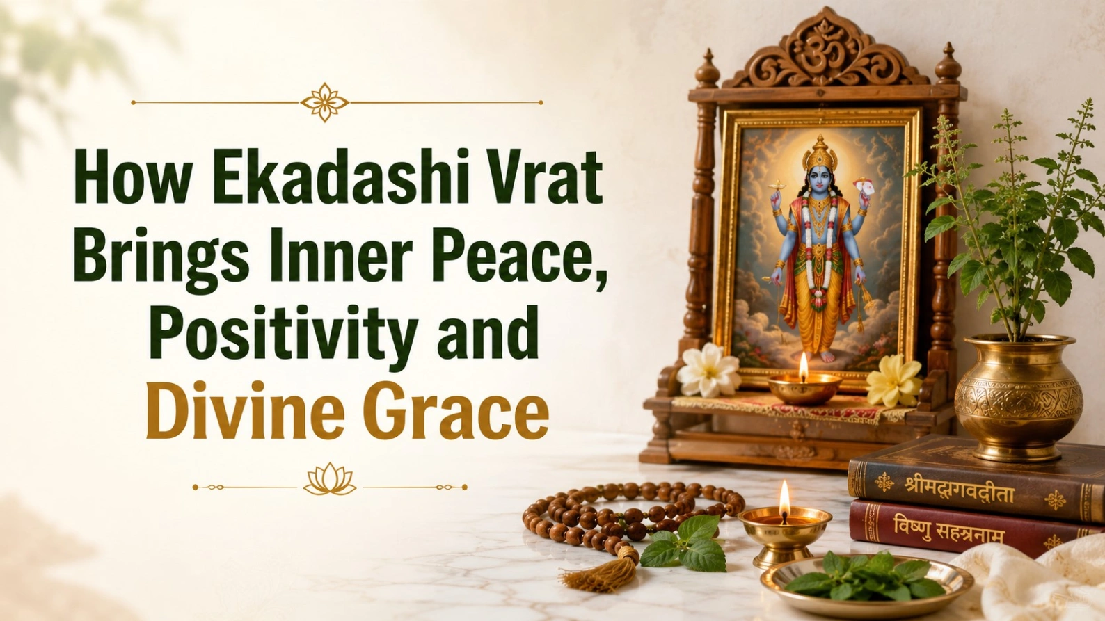 Ekadashi Vrat altar with diya, tulsi and Lord Vishnu blessings.