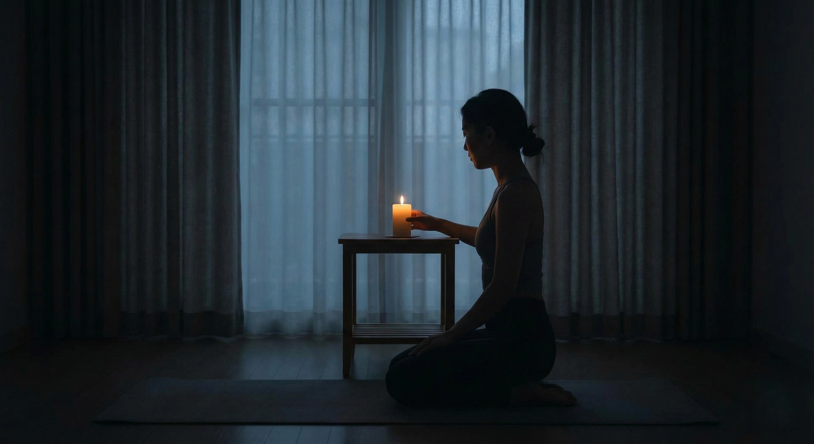 A person setting up for Trataka meditation by placing a lit candle on a small table at eye level in a dark, quiet room.