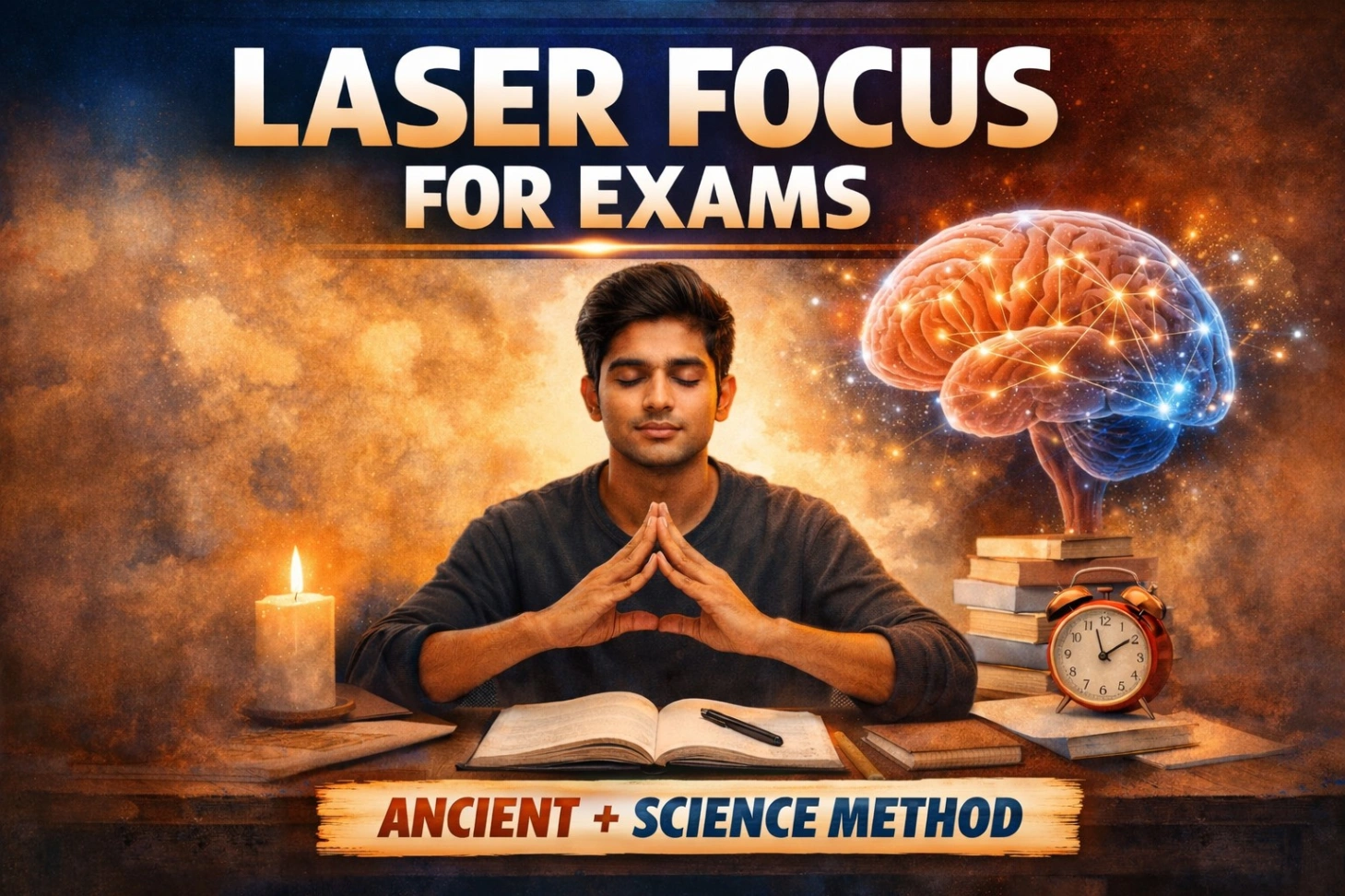 Alt text: Realistic 16:9 thumbnail showing a focused student meditating at a study desk with a glowing brain illustration above stacked books, headline reading “Laser Focus for Exams – Ancient + Science Method,” warm dramatic lighting and clean background.