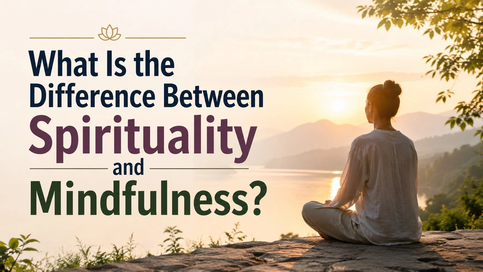 A peaceful person meditating near a lake at sunrise with bold blog title text, “What Is the Difference Between Spirituality and Mindfulness?” highlighting inner peace, awareness, and spiritual growth.