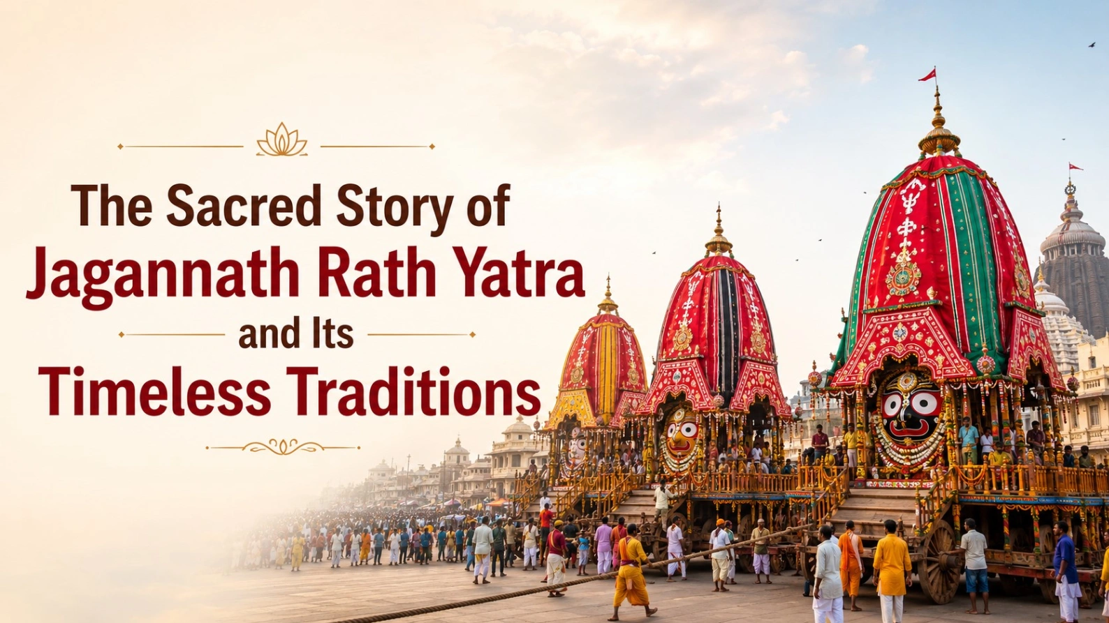 Jagannath Rath Yatra procession in Puri with colourful sacred chariots, devotees pulling ropes, and the title “The Sacred Story of Jagannath Rath Yatra and Its Timeless Traditions.”