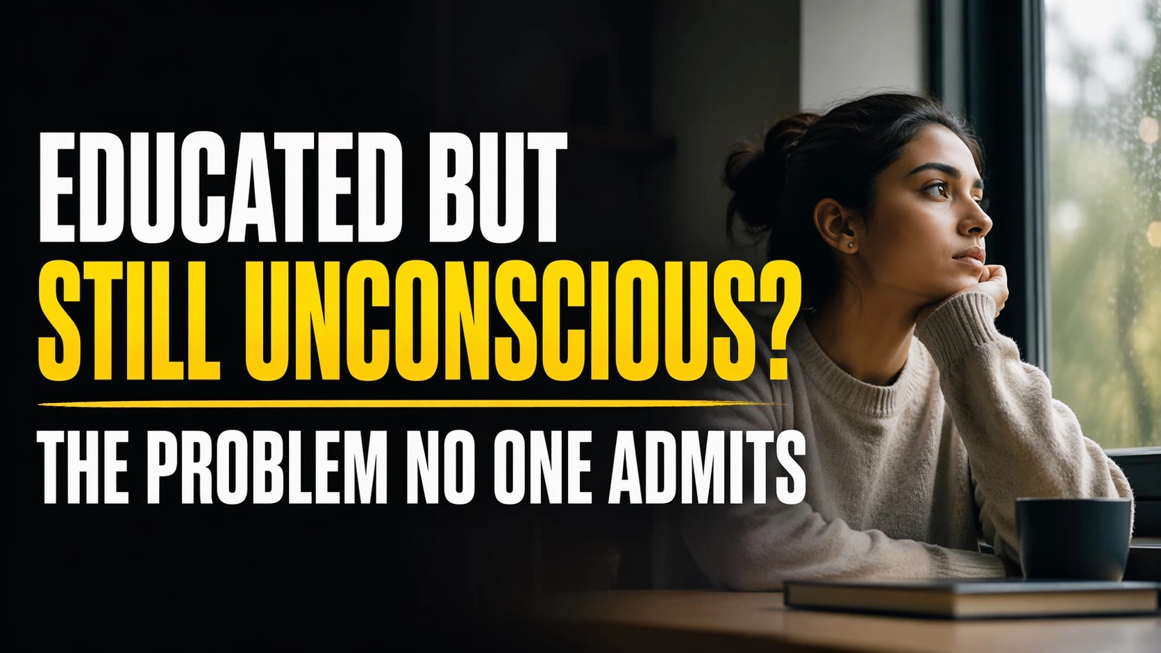 Bold 16:9 thumbnail showing a thoughtful woman sitting by a window with a coffee mug, looking outside in soft natural light. Large high-contrast text reads “EDUCATED BUT STILL UNCONSCIOUS?” with “THE PROBLEM NO ONE ADMITS” below, set against a dark background for emphasis.