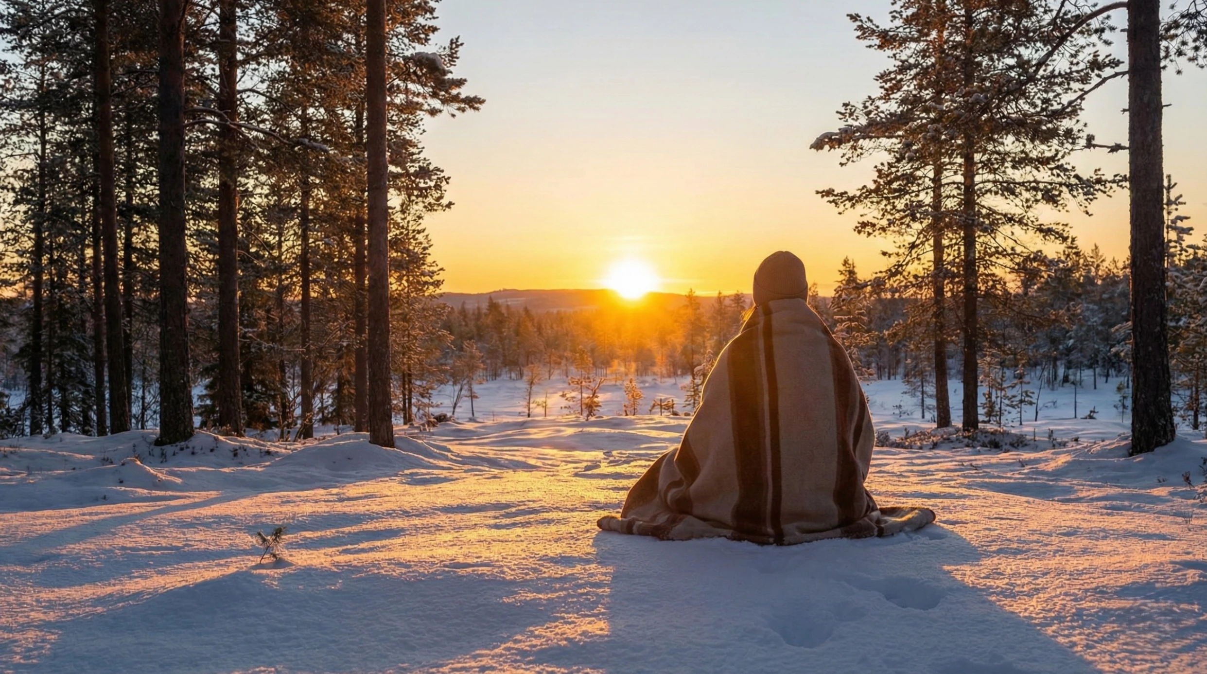 A lone person meditating in a snowy forest at sunrise during the winter solstice, symbolizing the connection between nature