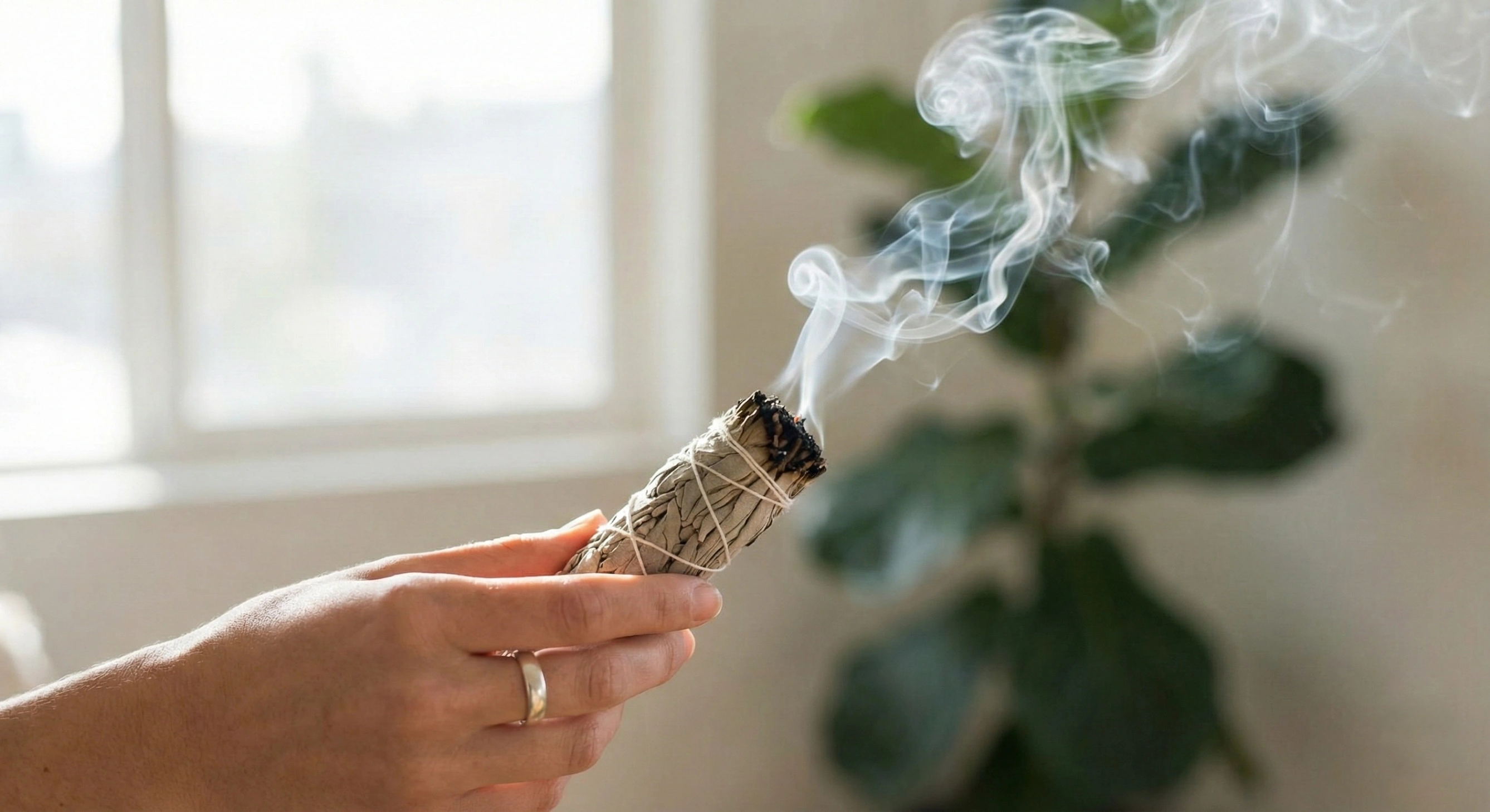 Sage smoke curling from an abalone shell near a woman meditating outdoors, symbolizing the removal of negative energy during an aura cleansing ritual.