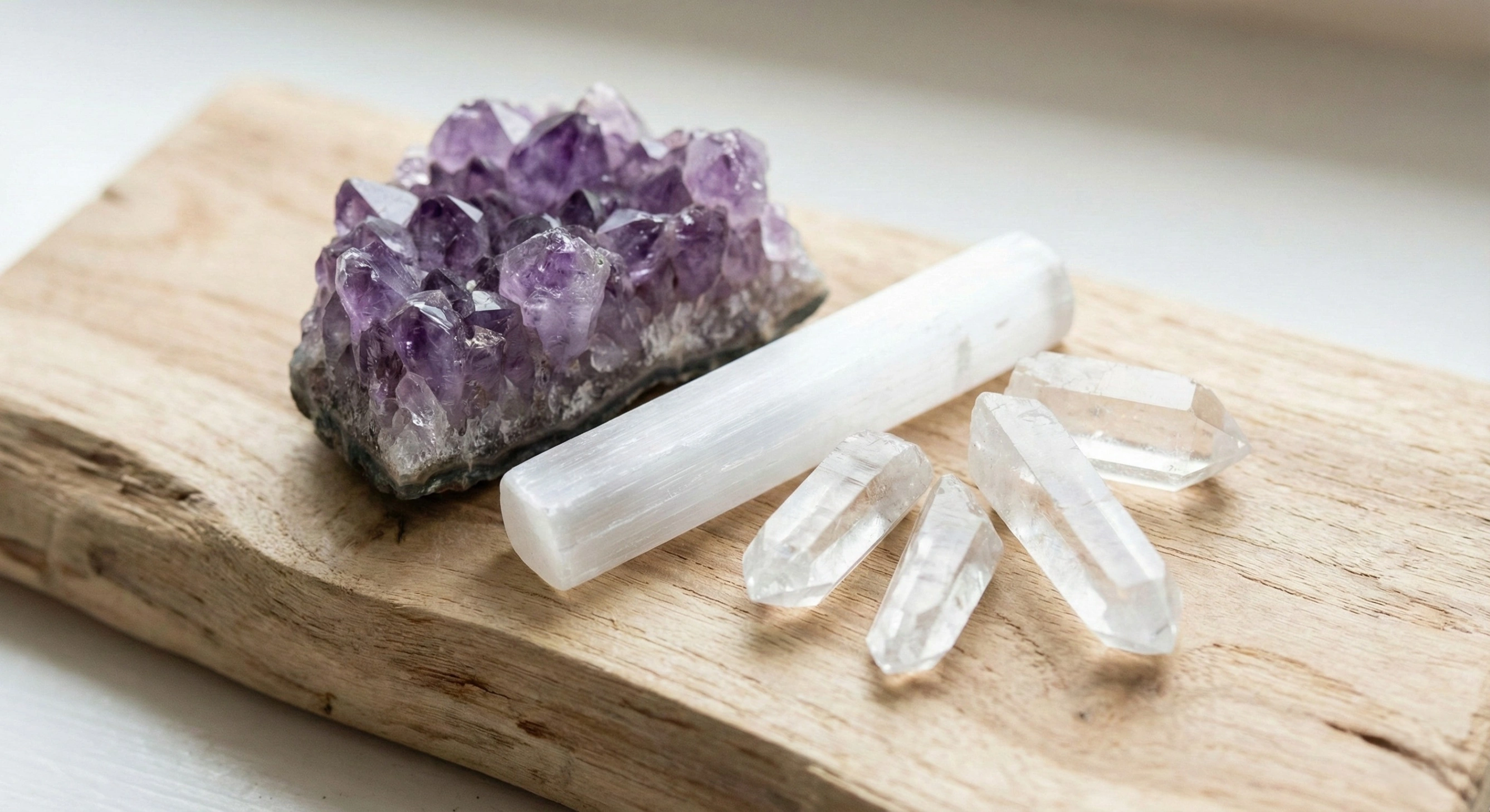 Amethyst and clear quartz crystals placed on a mossy rock around a meditating woman, used for spiritual healing, grounding, and energy protection.