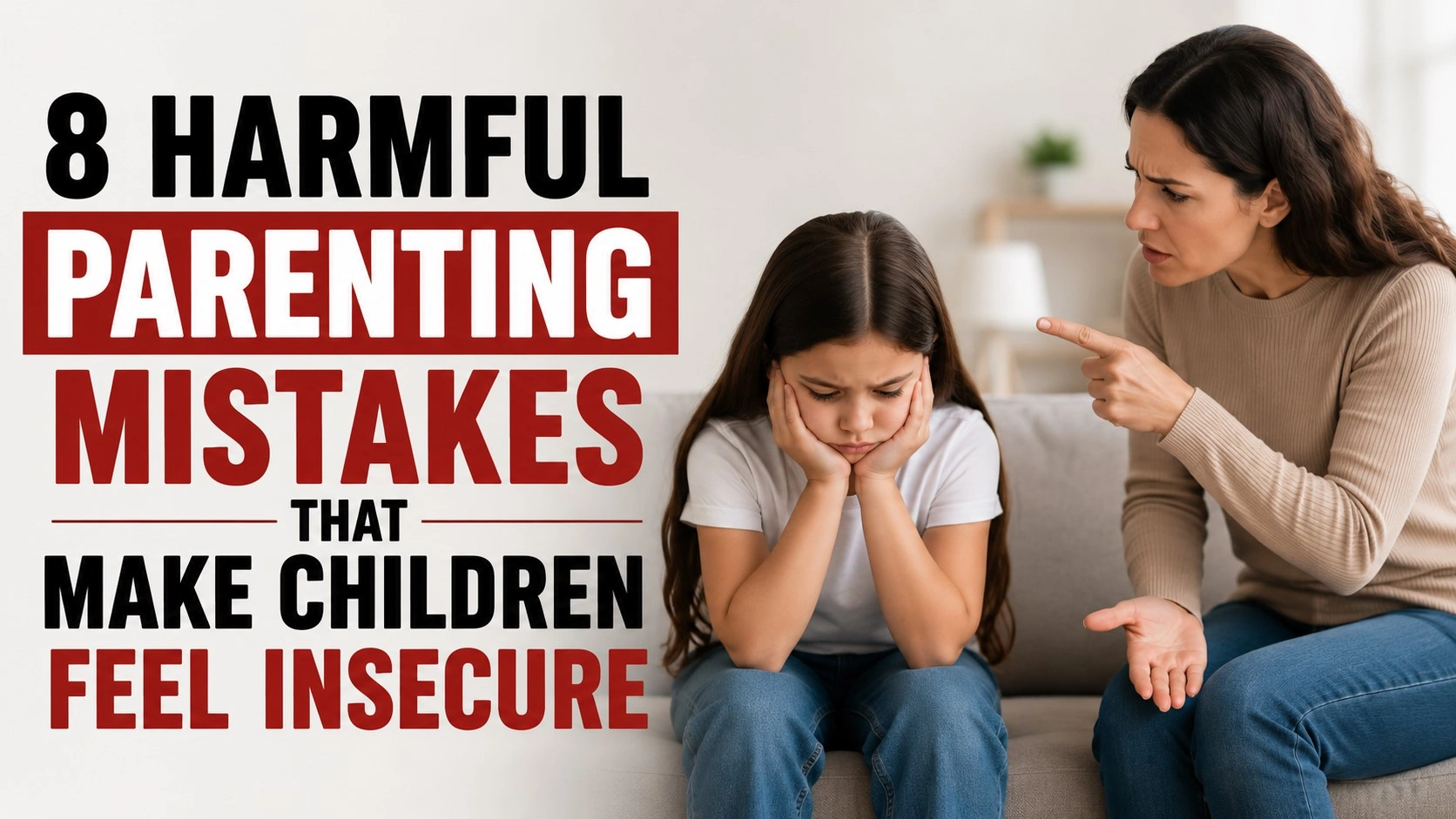 A realistic yet simple parenting awareness thumbnail showing a sad young girl sitting on a couch while an upset mother points at her during an argument. Bold black and red title text reads “8 Harmful Parenting Mistakes That Make Children Feel Insecure” in a clean modern layout with emotional family atmosphere.