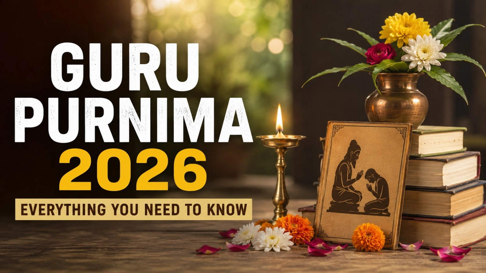 Guru Purnima 2026 celebration featuring a glowing diya, sacred books, flowers and a guru-disciple illustration with bold title text.