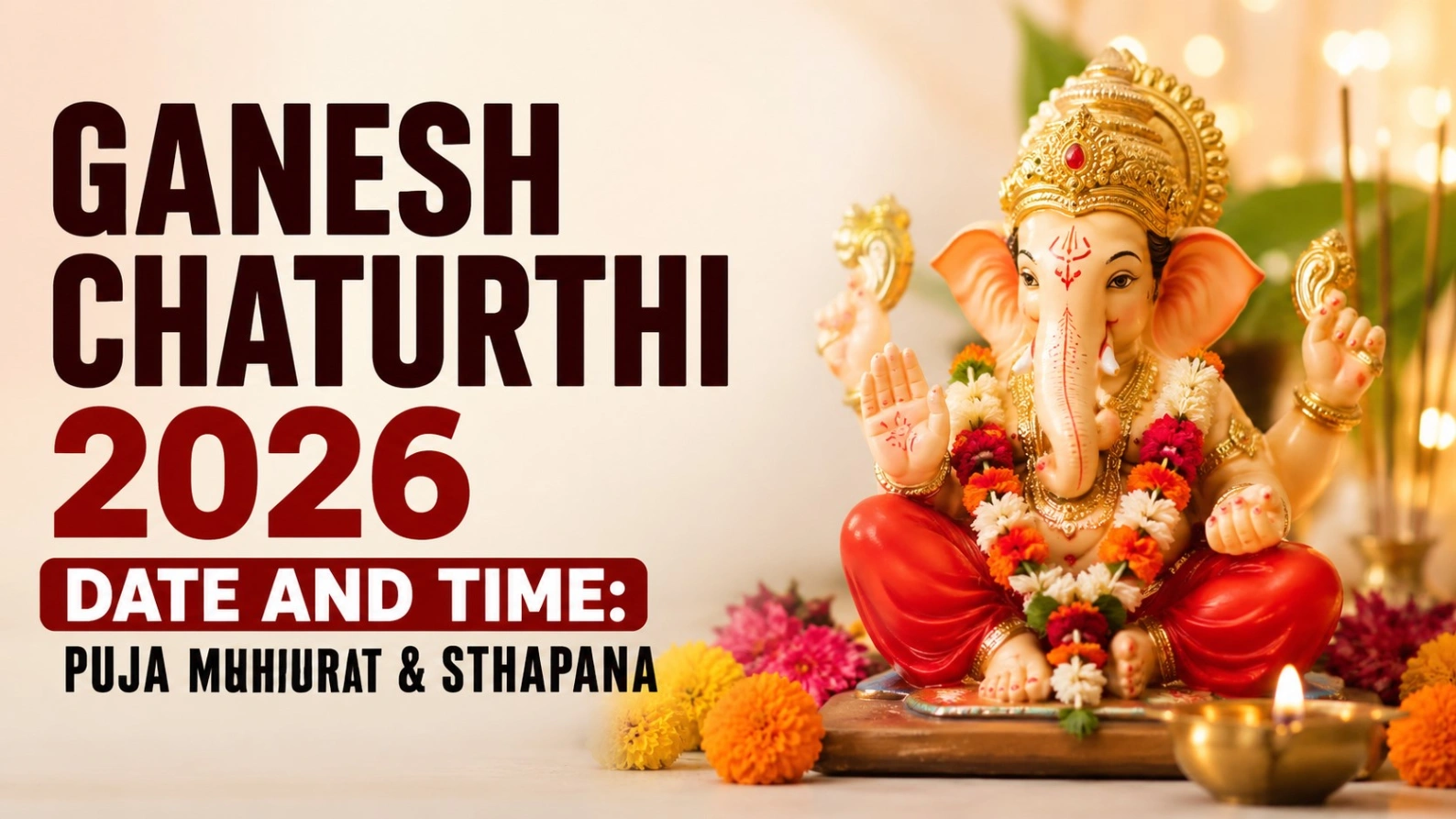 Ganesh Chaturthi 2026 banner featuring Lord Ganesha with flowers and diya, highlighting puja muhurat, date, time, and Ganpati sthapana.