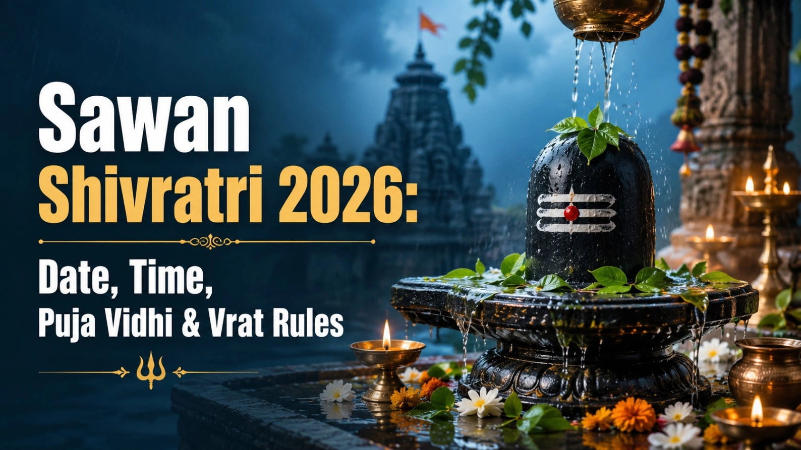 Realistic Sawan Shivratri 2026 banner featuring a Shivling with Jalabhishek, belpatra, flowers and glowing diyas, with bold text highlighting the date, time, puja vidhi and vrat rules.