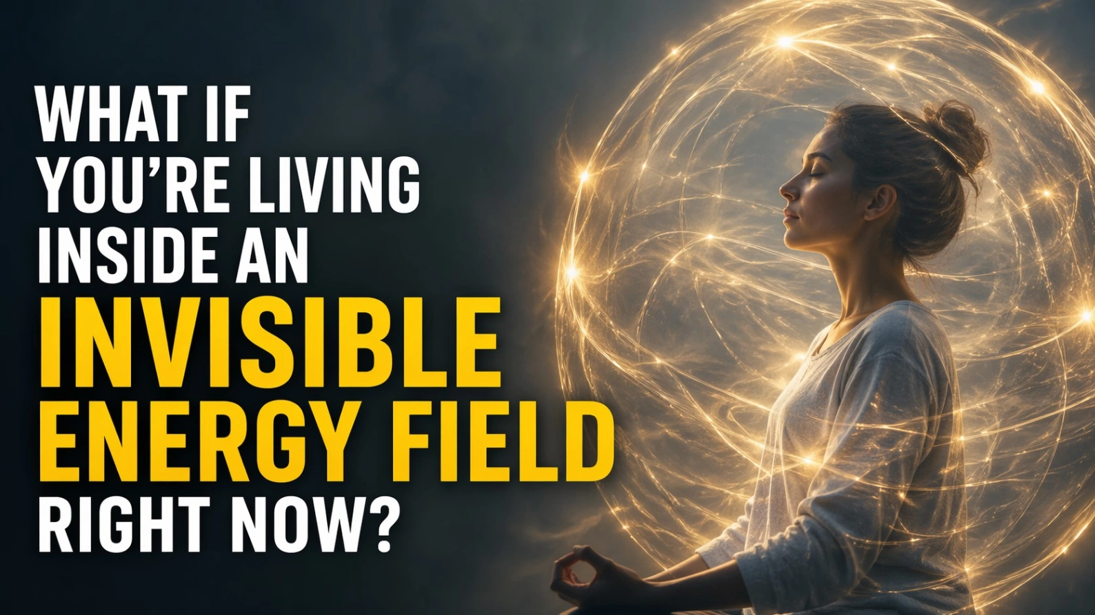 A cinematic 16:9 image showing a calm woman meditating in profile, surrounded by a glowing golden energy field with light particles, set against a dark background. Bold text reads: “What If You’re Living Inside an Invisible Energy Field Right Now?”