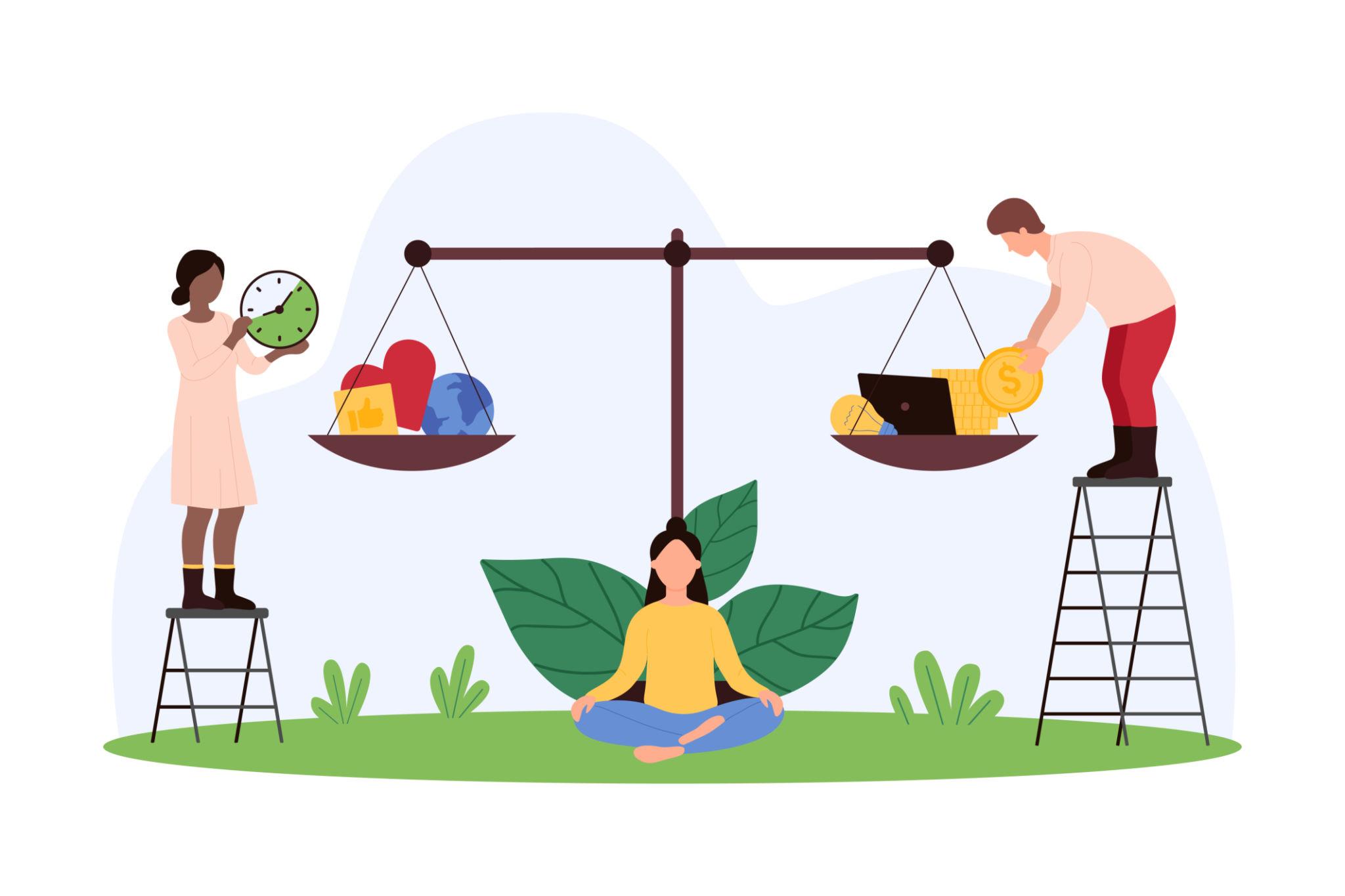 Work and life balance comparison, tiny people weigh heart with free lifestyle and career