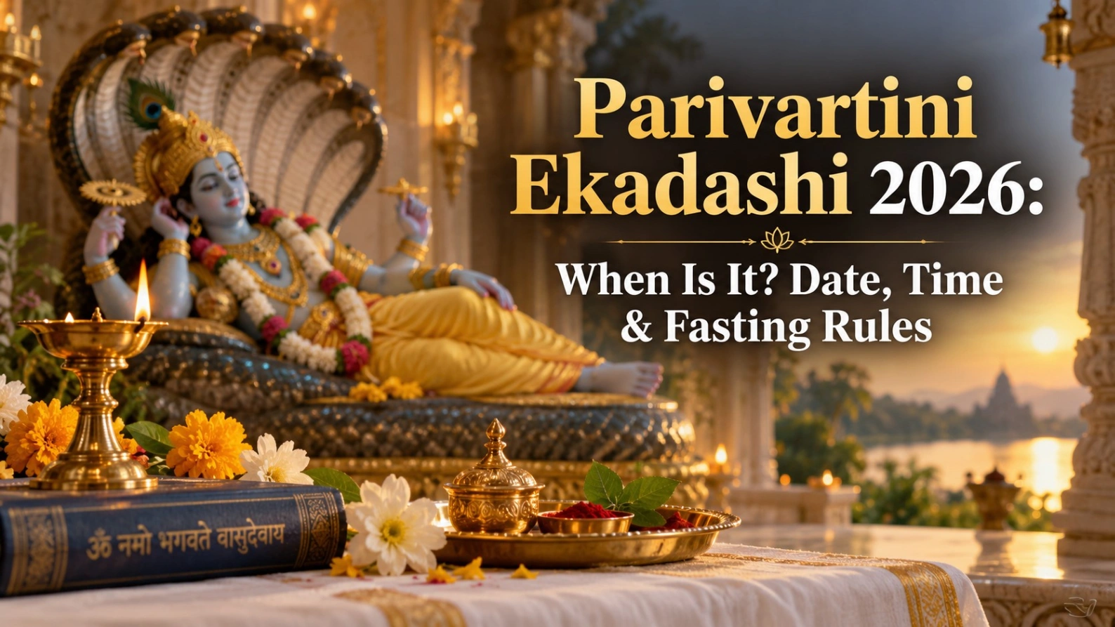 Parivartini Ekadashi 2026 with Lord Vishnu, diya and puja items, featuring the date, time and fasting rules.