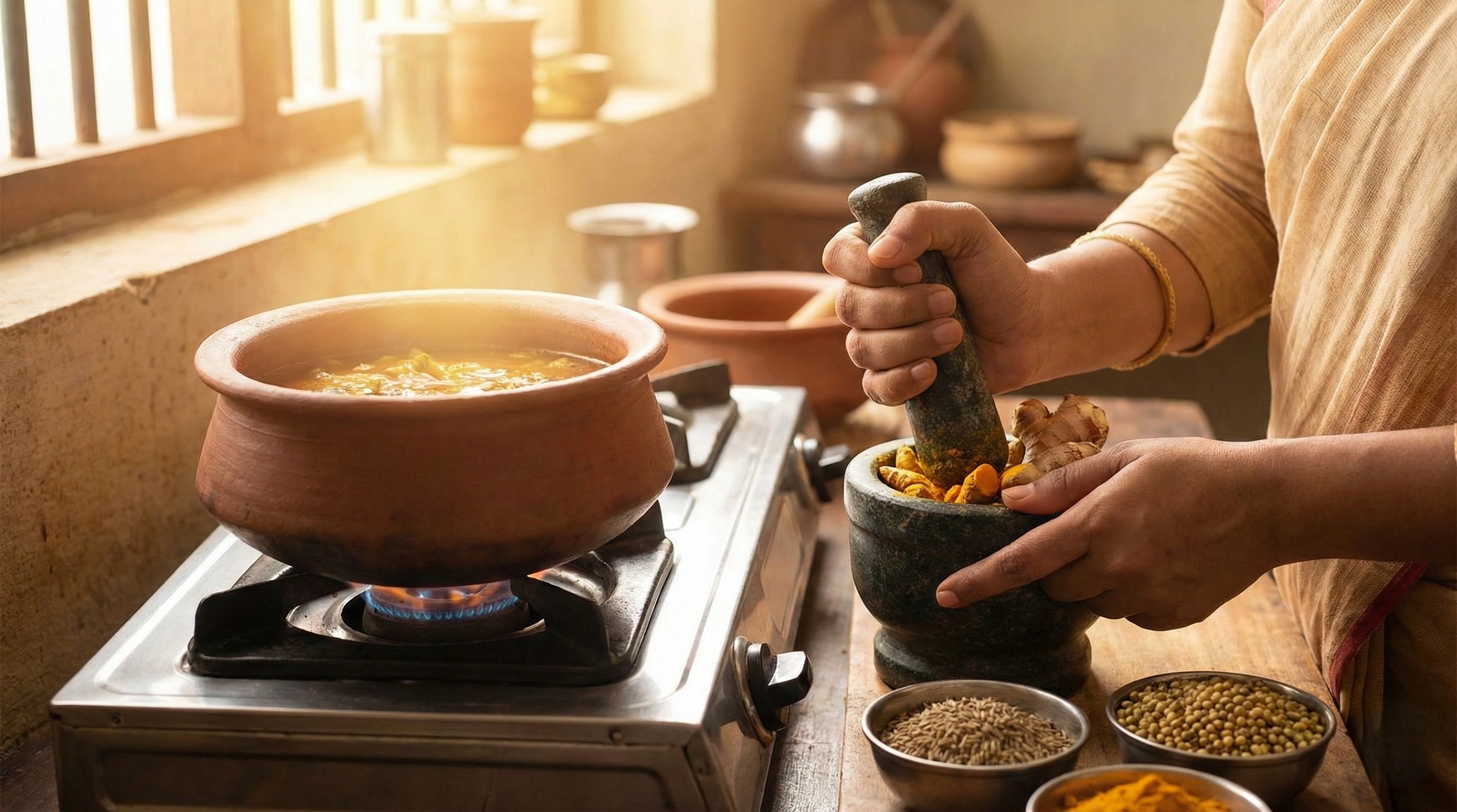 A person preparing an Ayurvedic meal by grinding fresh spices with a mortar and pestle, with a clay pot simmering on a stove, illustrating the concept of Agni digestive fire.