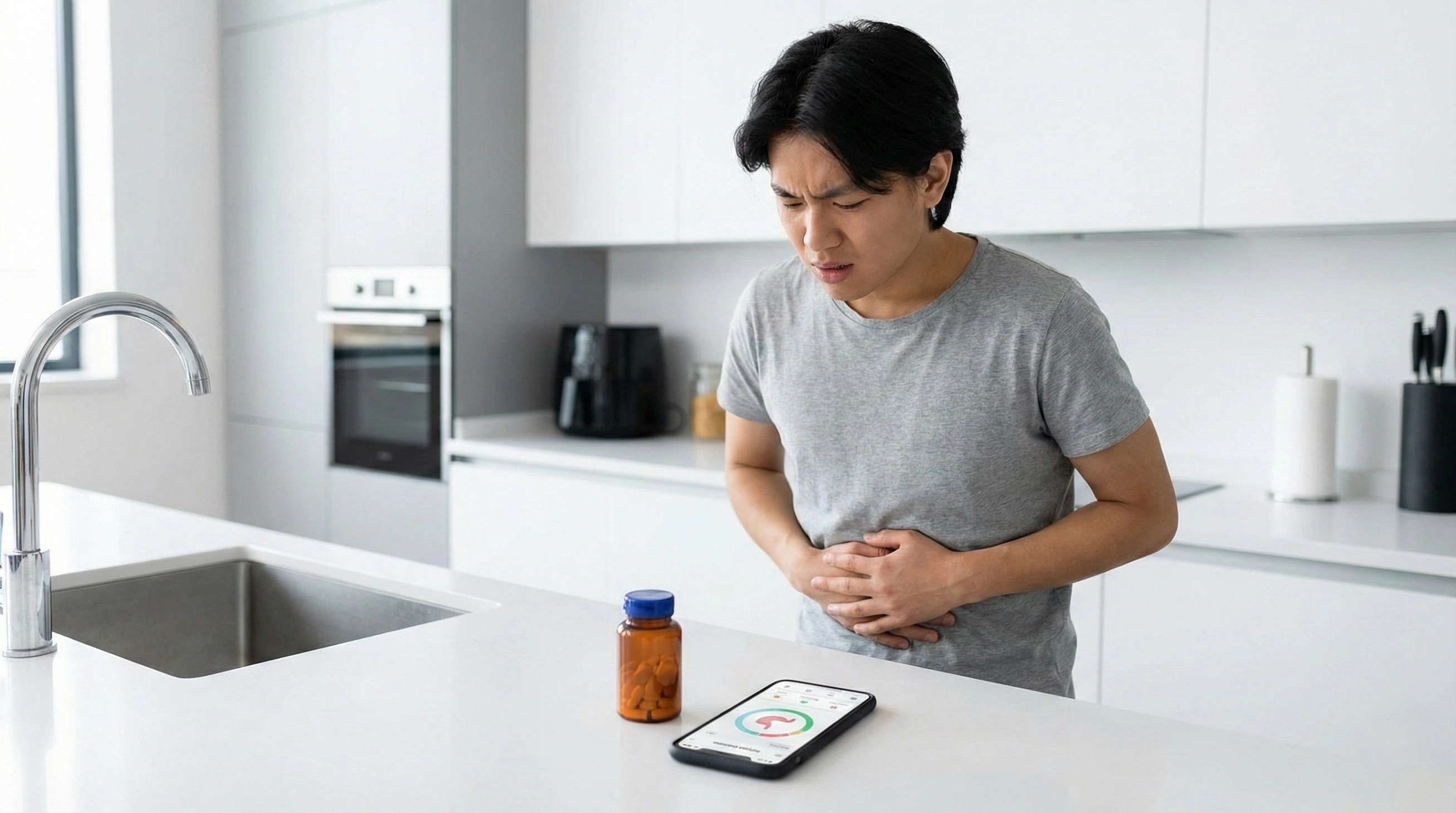 A person with stomach pain looking at a bottle of pills and a symptom-tracking app on a smartphone, representing the Western approach to digestive issues.