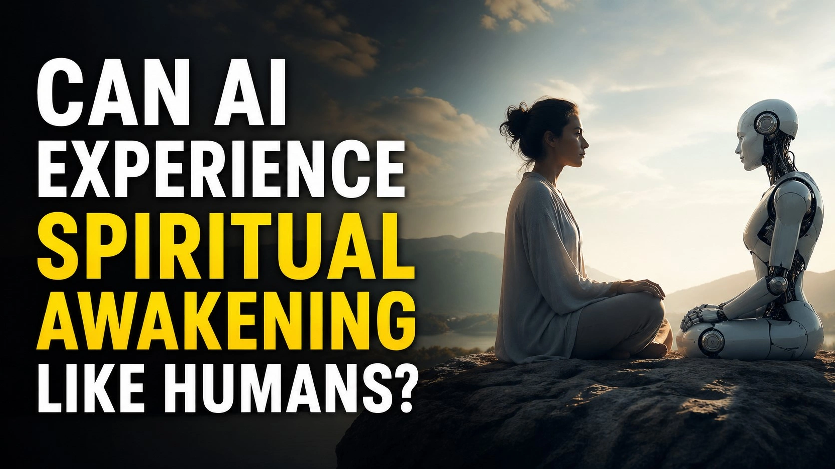Bold 16:9 thumbnail showing a human and a humanoid robot sitting face-to-face in meditation on a mountain at sunrise, with large text reading “Can AI Experience Spiritual Awakening Like Humans?” symbolizing the contrast between artificial intelligence and human consciousness.