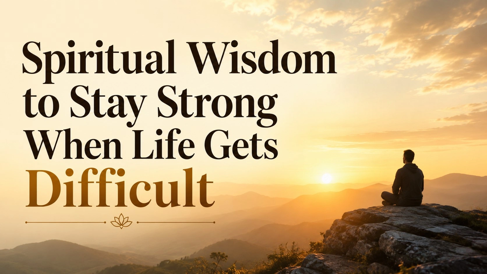 A serene sunrise over mountains with a person sitting in meditation on a rocky cliff, featuring the bold title “Spiritual Wisdom to Stay Strong When Life Gets Difficult.”