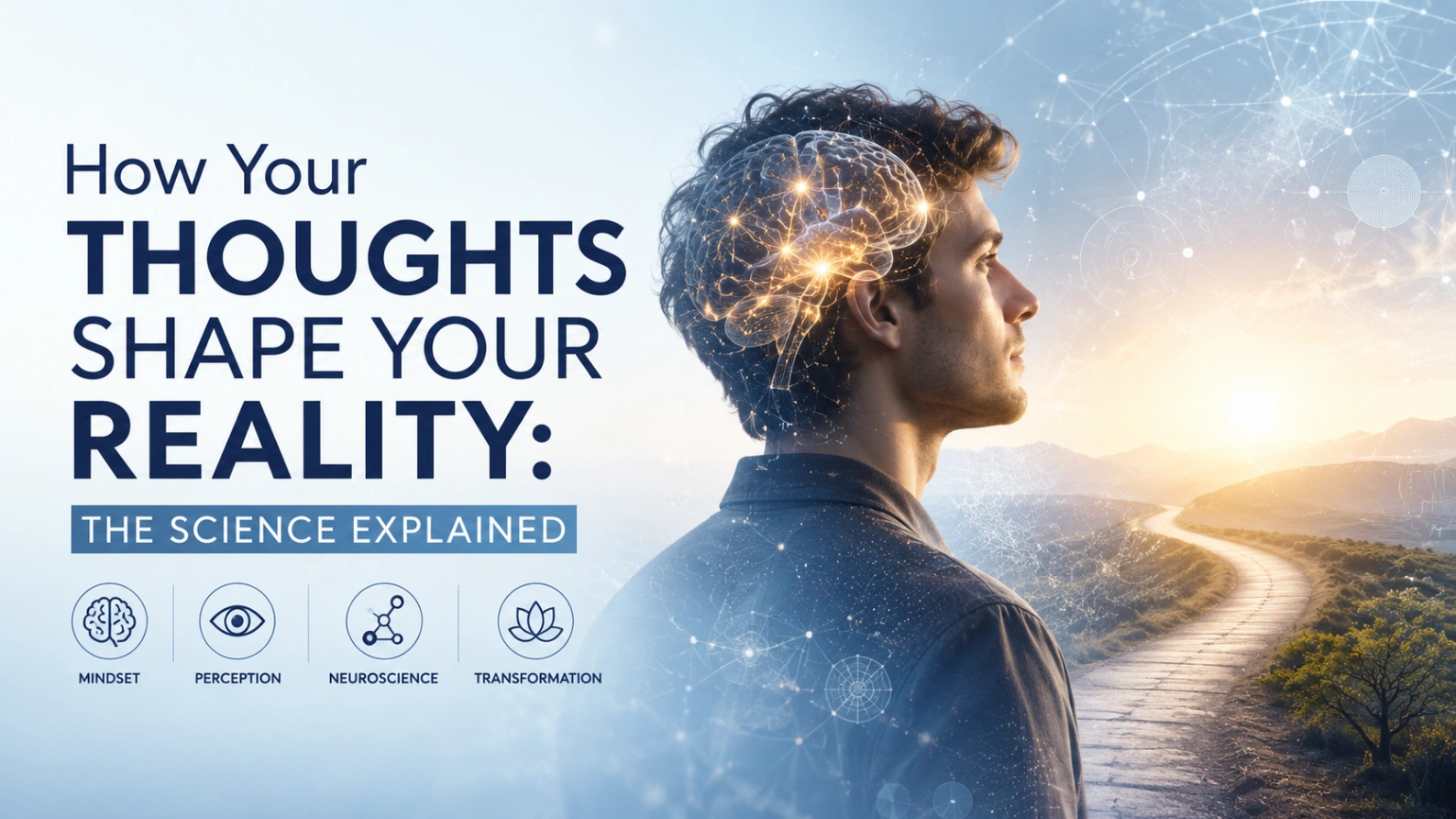 A person in profile with a glowing neural brain visual, symbolising how thoughts, mindset, and neuroscience shape personal reality.