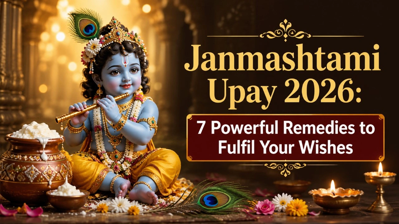 Baby Lord Krishna with flute, makhan pot, peacock feather and diyas for Janmashtami Upay 2026, featuring 7 powerful remedies to fulfil your wishes.
