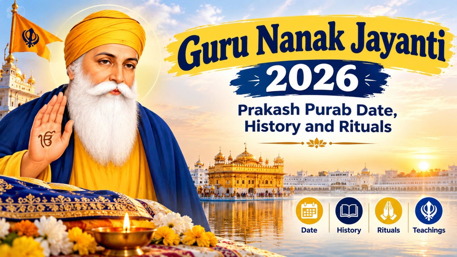 Guru Nanak Jayanti 2026: Prakash Purab date, history and rituals, featuring Guru Nanak Dev Ji, the Golden Temple at Amritsar, and Sikh devotional symbols at sunrise.