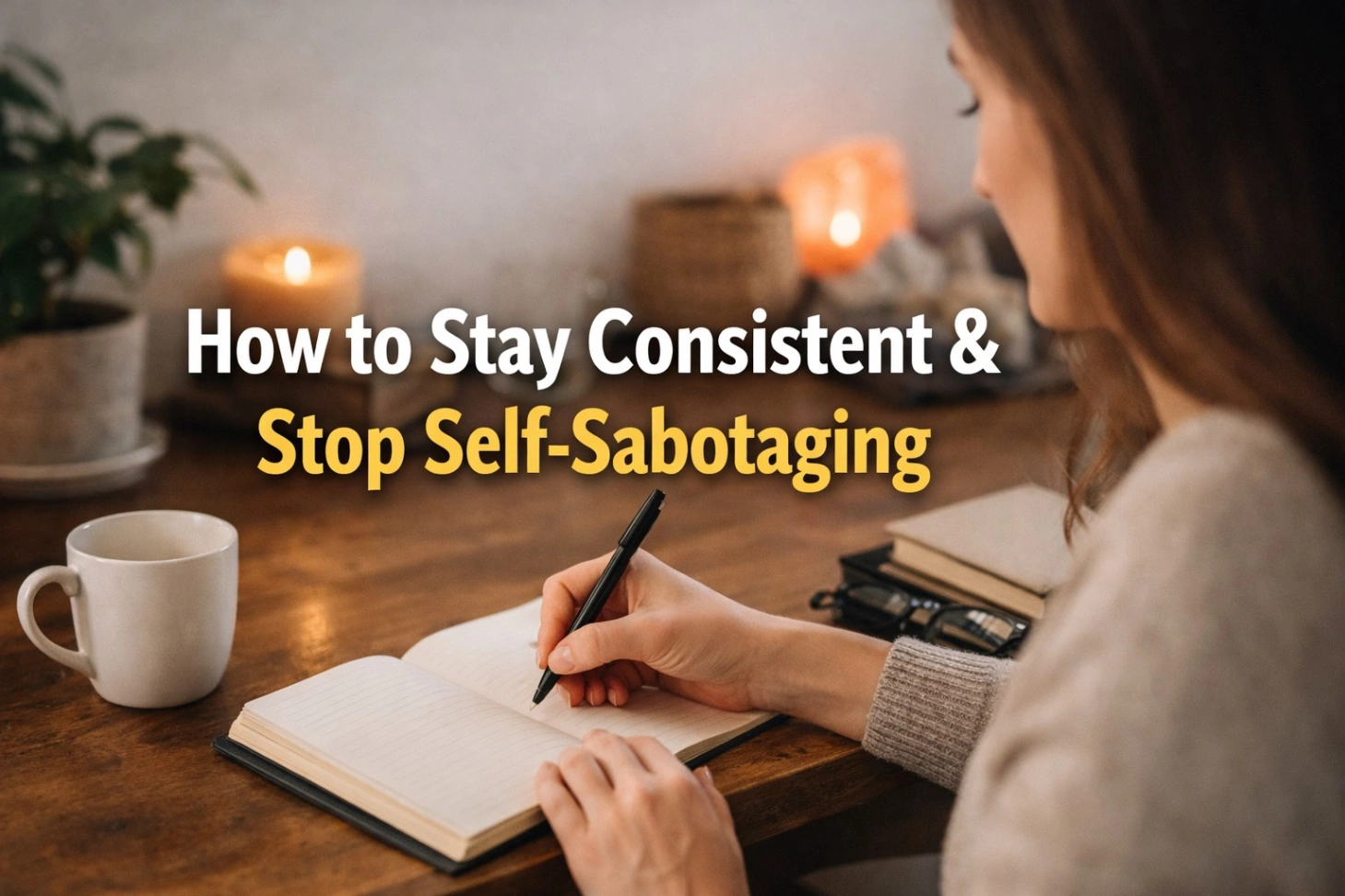 A woman sitting at a cozy wooden desk writing in a notebook, with warm candlelight in the background, and bold text overlay reading “How to Stay Consistent & Stop Self-Sabotaging.”