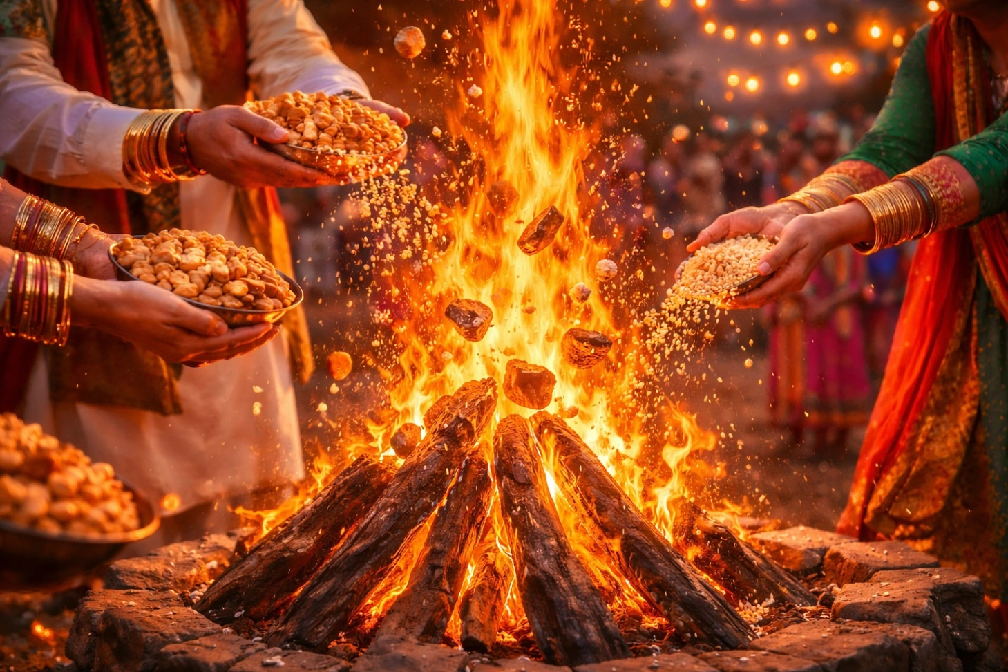 Hands of people in traditional Punjabi attire offering sesame seeds, peanuts, and jaggery into a large bonfire during a vibrant Lohri 2026 celebration, with warm glowing flames, colorful festive decorations, and a joyful community atmosphere.