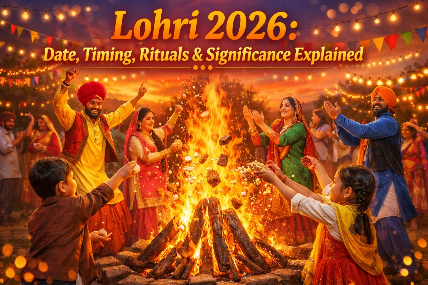 A vibrant Lohri 2026 celebration at sunset with Punjabi men, women, and children in traditional attire dancing Bhangra and Gidda around a large bonfire, tossing popcorn, peanuts, and jaggery, with colorful decorations and glowing festive lights. Bold text overlay at the top reads: “Lohri 2026: Date, Timing, Rituals & Significance Explained.”