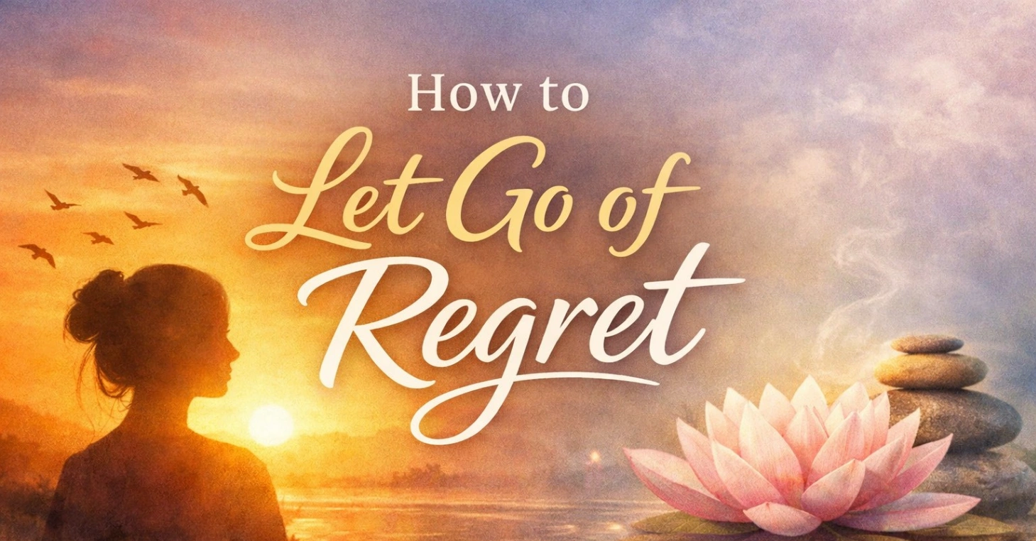 Realistic 16:9 thumbnail showing a woman silhouette looking at a golden sunset, a pink lotus with stacked stones on calm water, and the title “How to Let Go of Regret” symbolizing forgiveness, healing the past, and inner peace.