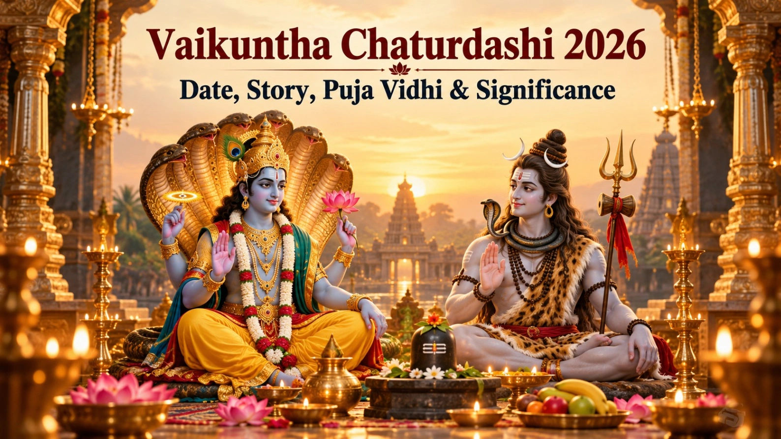 Vaikuntha Chaturdashi 2026 celebration with Lord Vishnu and Lord Shiva together, surrounded by lotus flowers, glowing diyas and traditional puja offerings symbolising Hari-Hara unity.