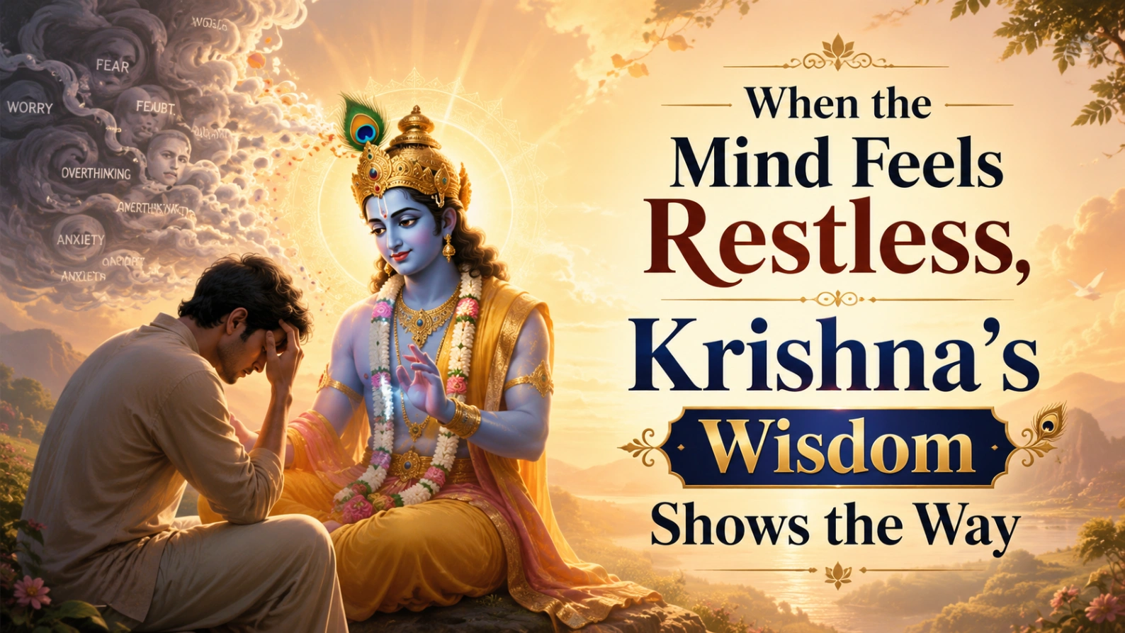 Lord Krishna guiding a worried seeker toward peace as dark thoughts dissolve into golden light, with the title “When the Mind Feels Restless, Krishna’s Wisdom Shows the Way.”