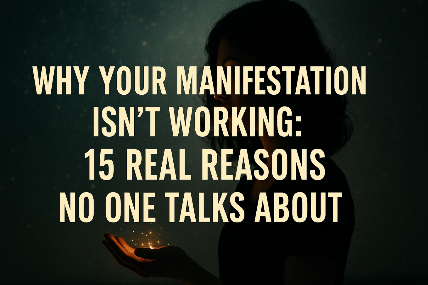 A dark, mystical 16:9 image of a woman’s silhouette holding glowing golden light in her hands, against a cosmic starry background. The bold centered text reads: “Why Your Manifestation Isn’t Working: 15 Real Reasons No One Talks About.”