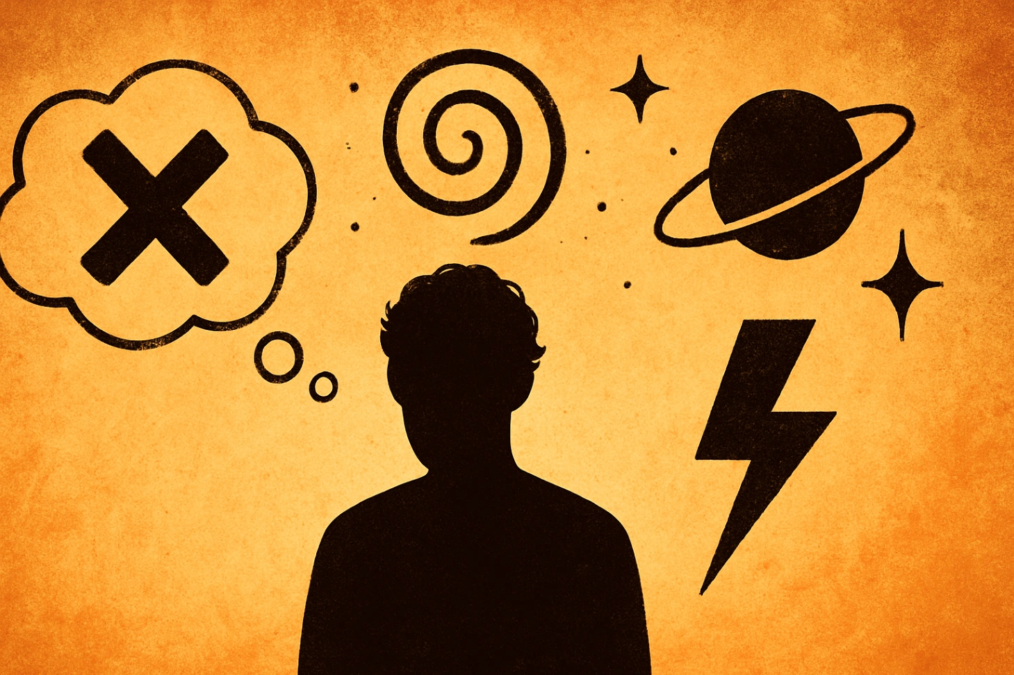 A warm-toned 16:9 illustration showing the silhouette of a person from behind, surrounded by symbolic icons including a large X inside a thought cloud, a spiral, a planet with a ring, stars, and a lightning bolt, representing confusion, mental blocks, and manifestation challenges.