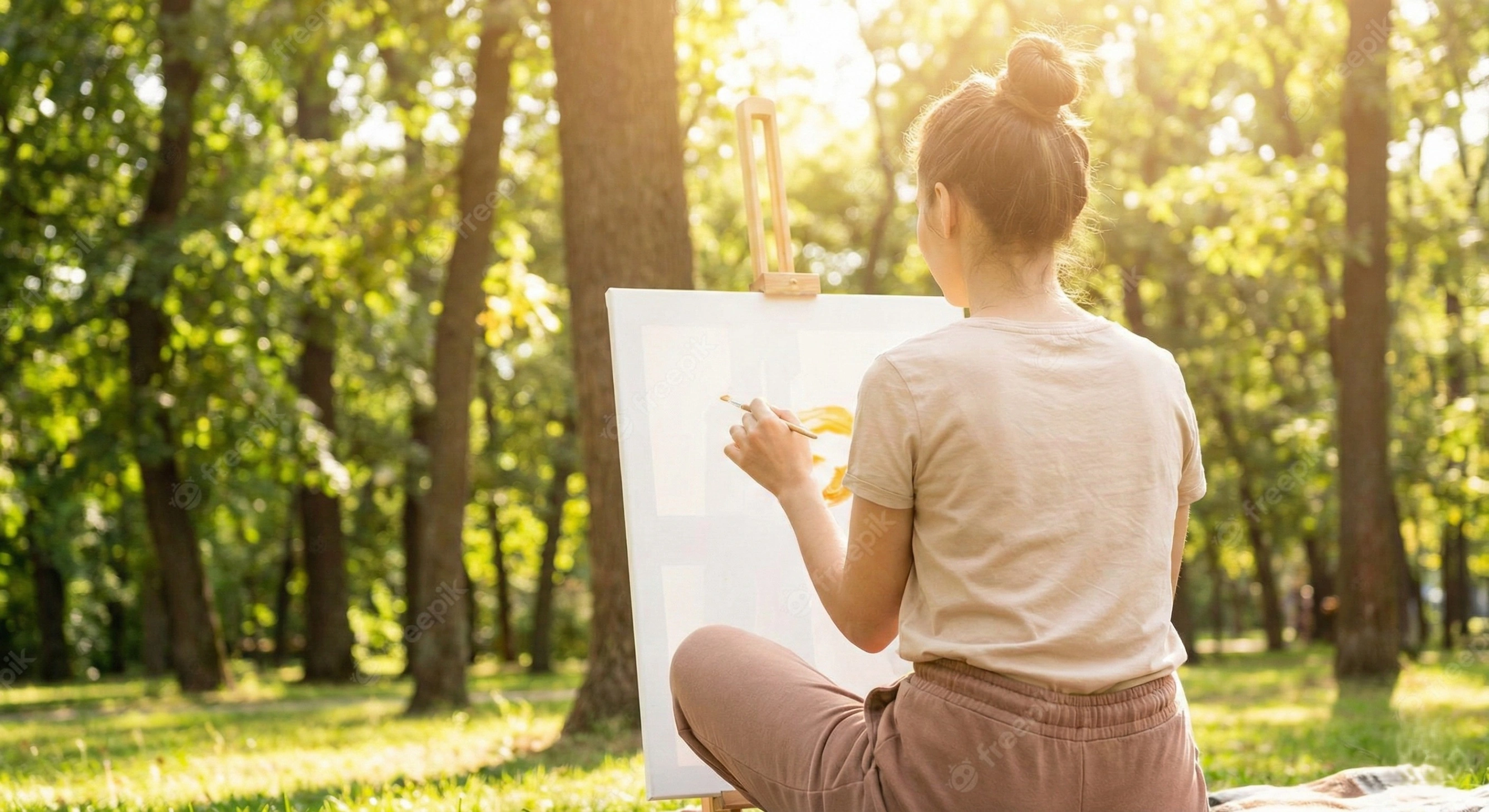 A person painting on a canvas in a sunny park, enjoying a new hobby.