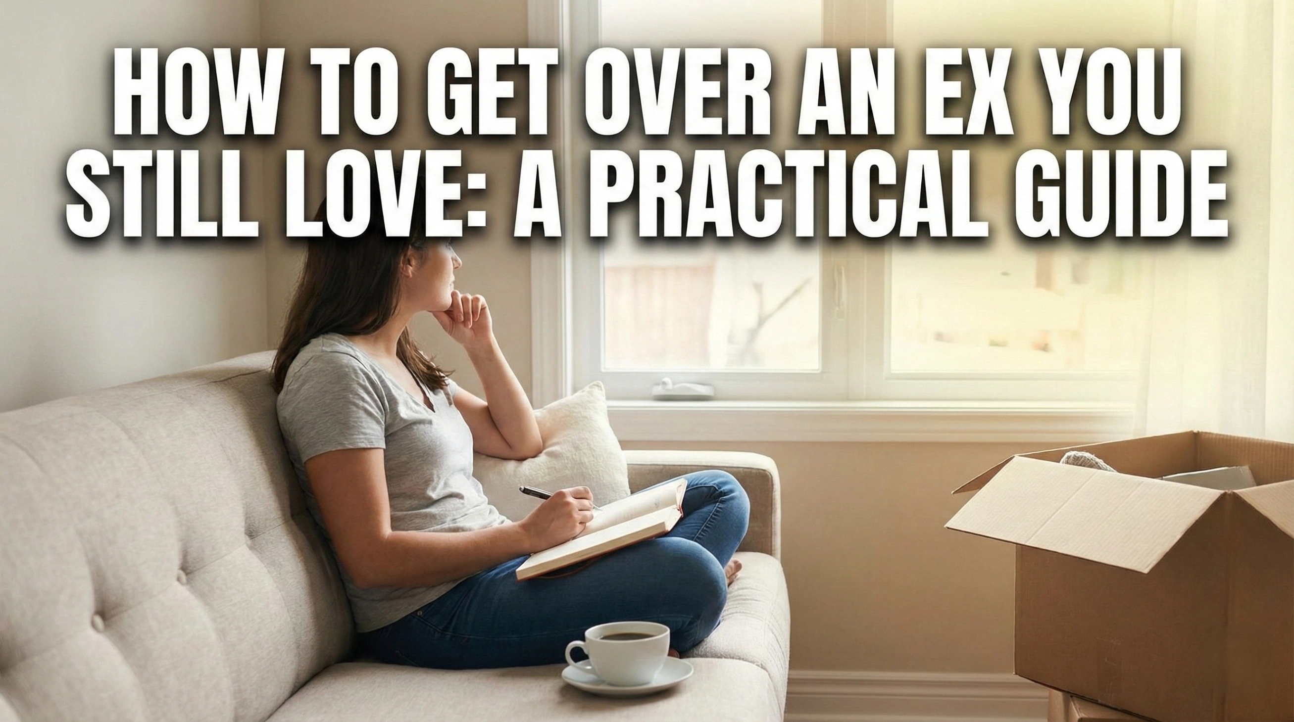 A realistic photo of a woman sitting on a beige couch writing in a journal and looking out a window, with a cardboard box of belongings nearby. The image features bold white text overlay: 