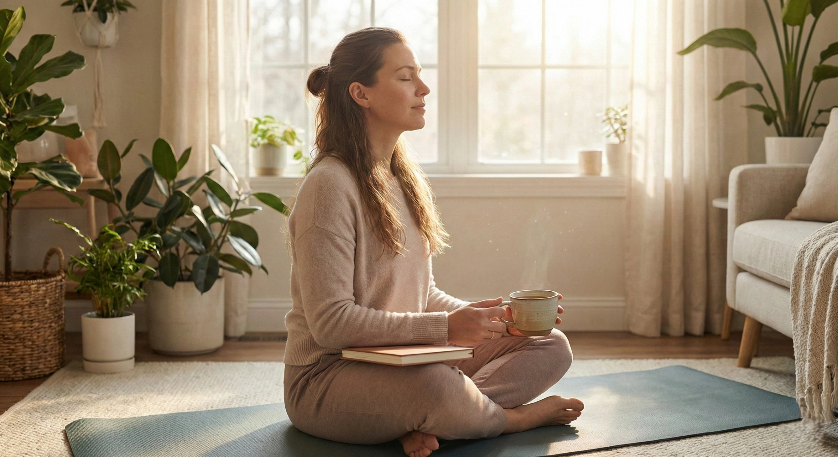 A woman with a peaceful expression sits cross-legged on a yoga mat in a sunlit room, holding a cup of tea and a journal, symbolizing the mental clarity and inner peace gained from meditation.