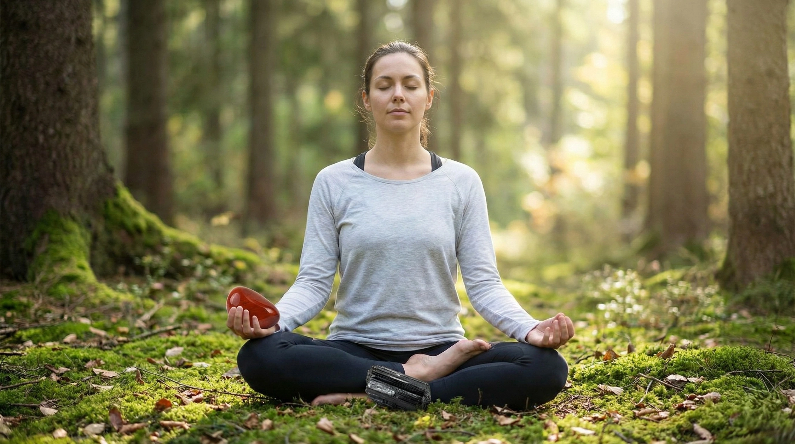 Person meditating in a peaceful nature setting to unblock the Muladhara Chakra, visualizing grounding roots connecting to the earth.