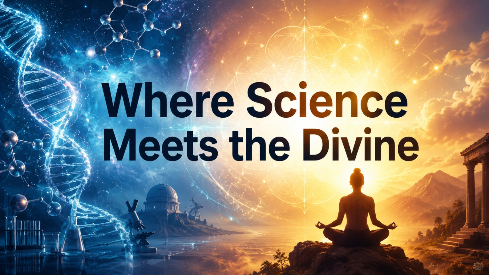 Where science meets the divine, represented by a glowing DNA helix, molecular structures, a meditating figure and radiant spiritual light.