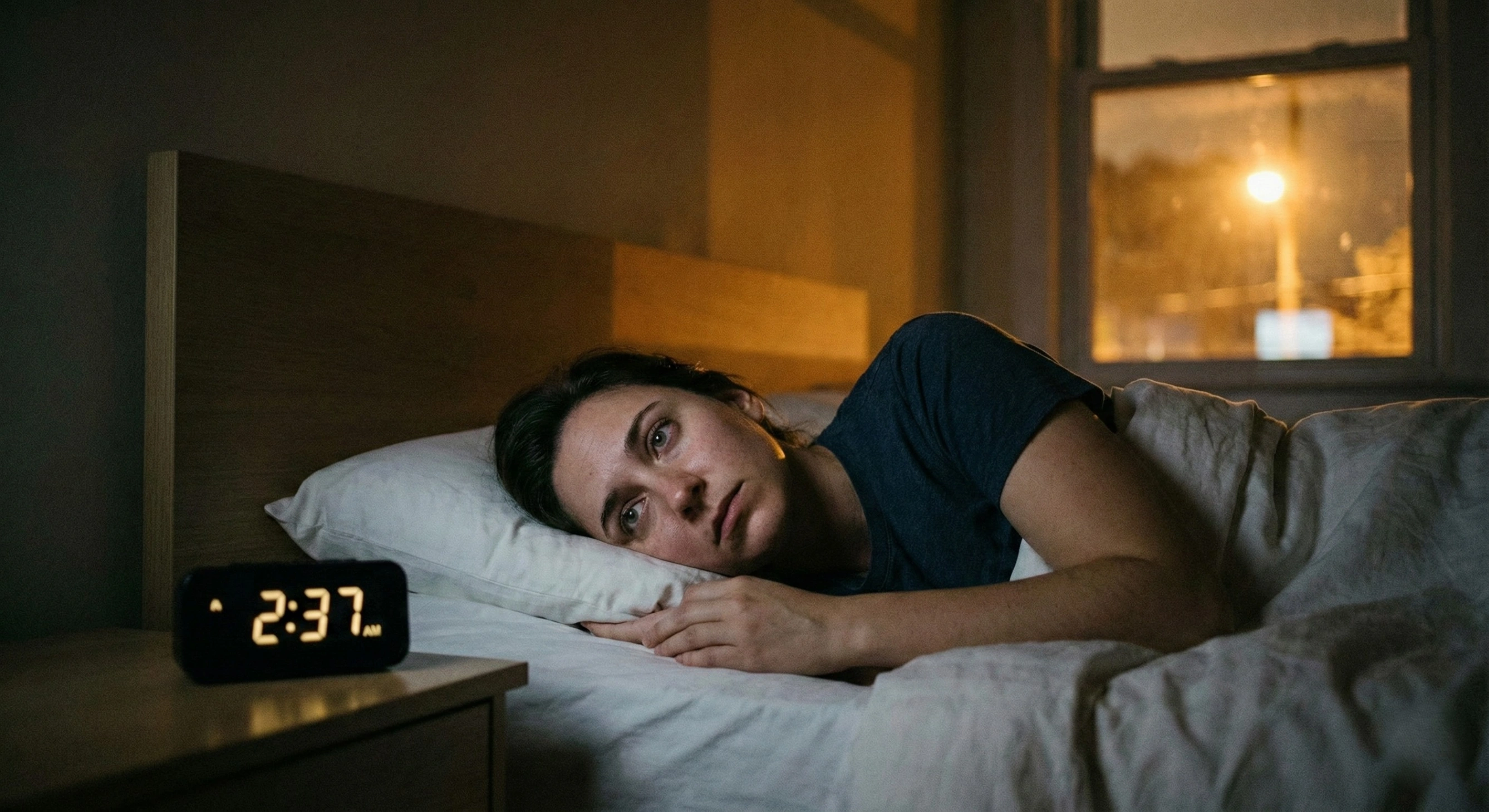 A person lying awake in bed at night with open eyes, looking stressed and suffering from racing thoughts and insomnia, with a clock reading 2:37 AM.