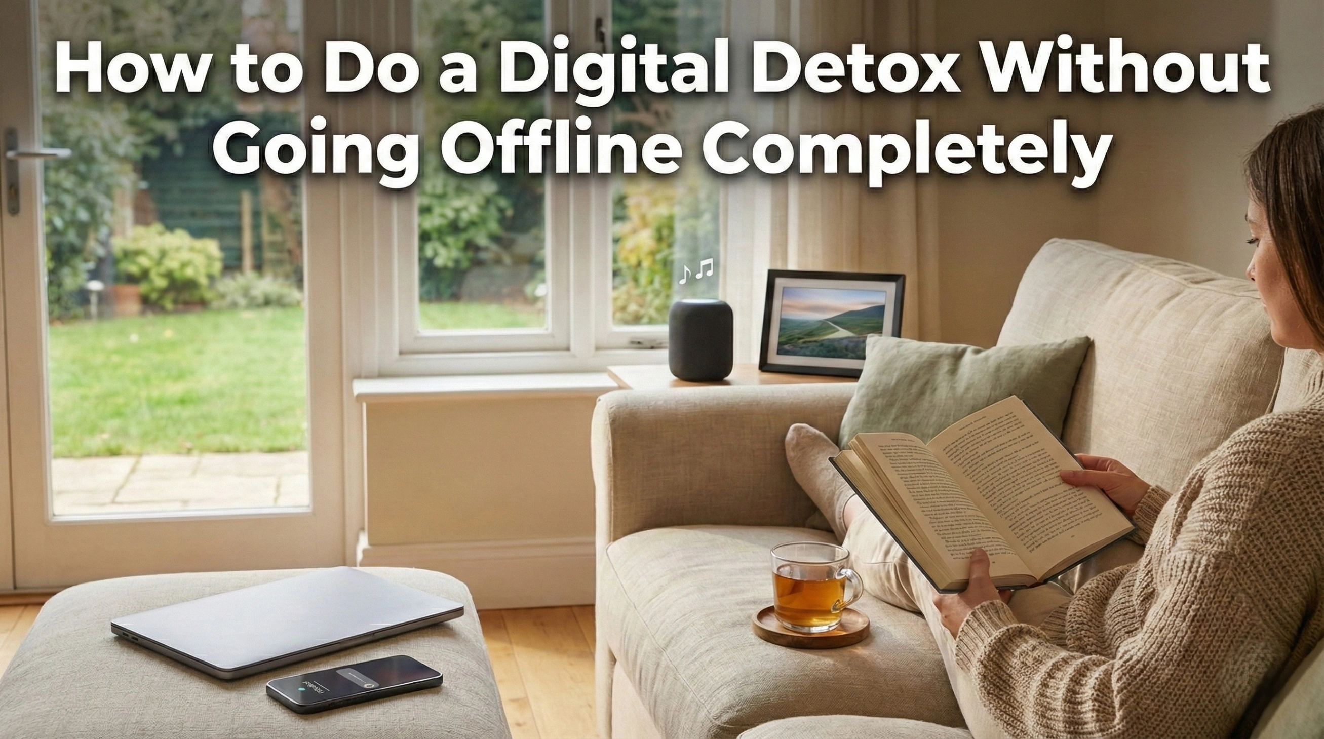 A woman in a cozy knitted sweater relaxes on a sofa, engrossed in a physical book, while a cup of tea sits nearby. Her laptop and smartphone are on a separate ottoman, and a smart speaker with musical notes is on a side table, all within a sunlit living room looking out onto a garden. The large white text overlay reads,