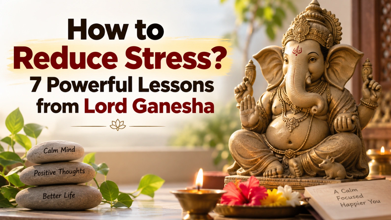 Lord Ganesha statue with meditation stones, diya and flowers beside the bold title “How to Reduce Stress? 7 Powerful Lessons from Lord Ganesha.”