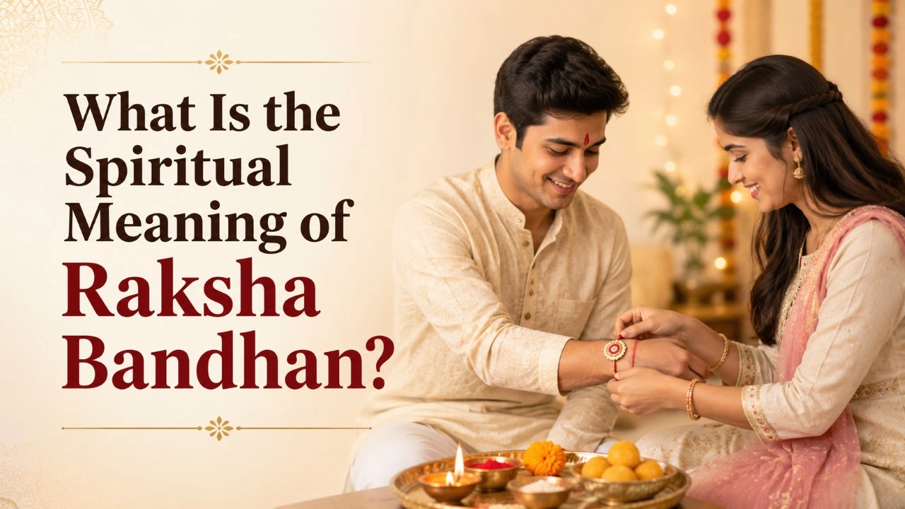 Sister tying a sacred Rakhi on her brother’s wrist, symbolizing the spiritual meaning of Raksha Bandhan, love, protection, and divine bonding.