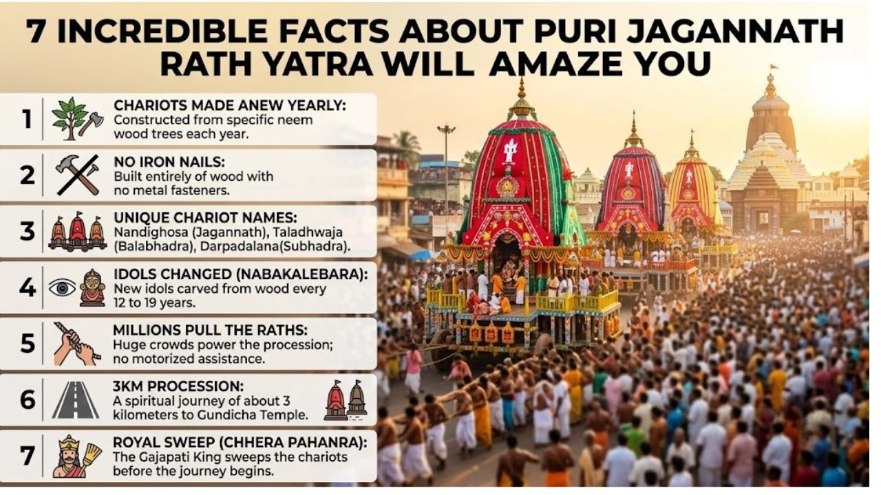 On the right side, a realistic photograph of the Rath Yatra festival in Puri, India, shows three massive, intricately decorated wooden chariots with detailed, colorful domes moving through a vast, dense crowd of hundreds of people pulling thick ropes. In the distance, a large temple spire is visible under a warm, glowing sky at dusk.