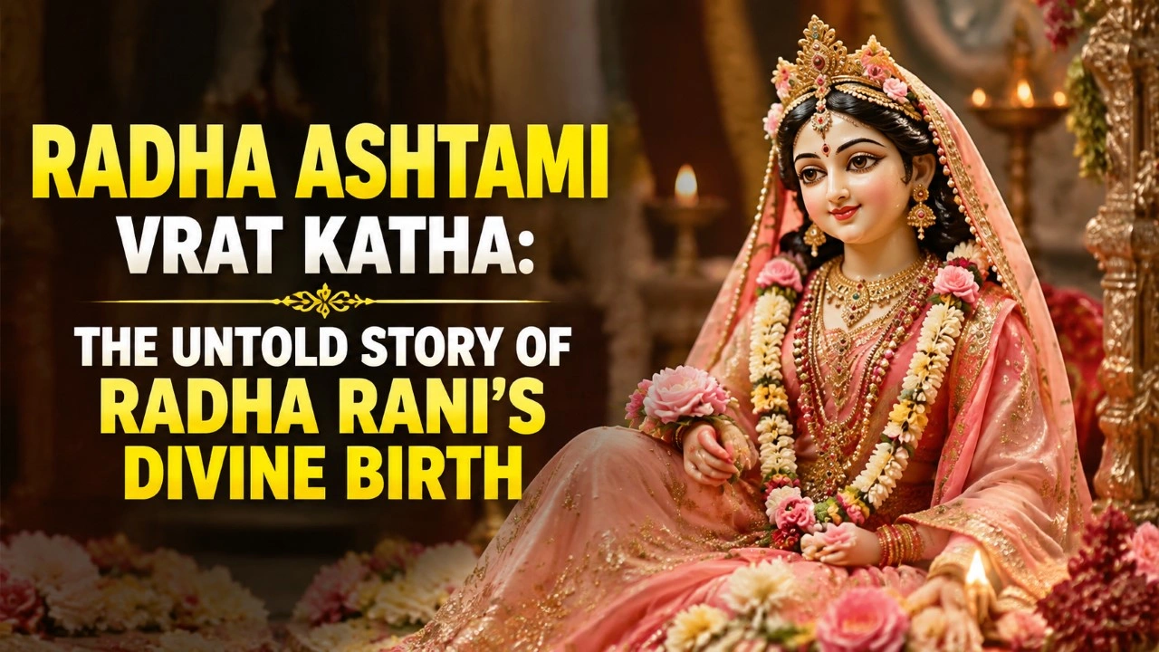 Radha Ashtami Vrat Katha poster featuring a beautifully decorated Radha Rani idol with flowers and traditional jewellery, alongside bold text highlighting the divine birth story of Radha Rani.