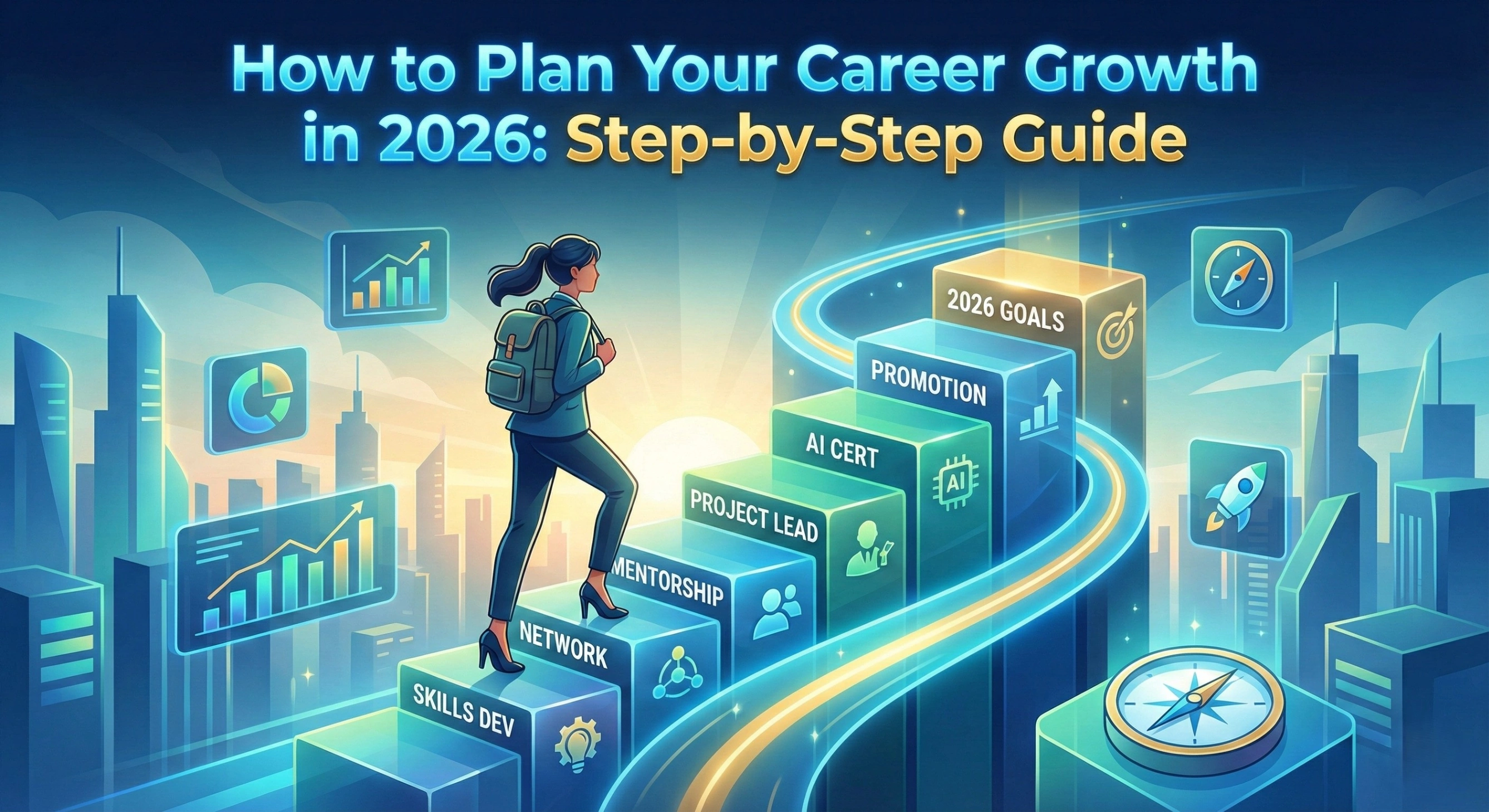 A sleek, modern illustration featuring a professional woman climbing a glowing staircase made of blocks labeled with career milestones such as